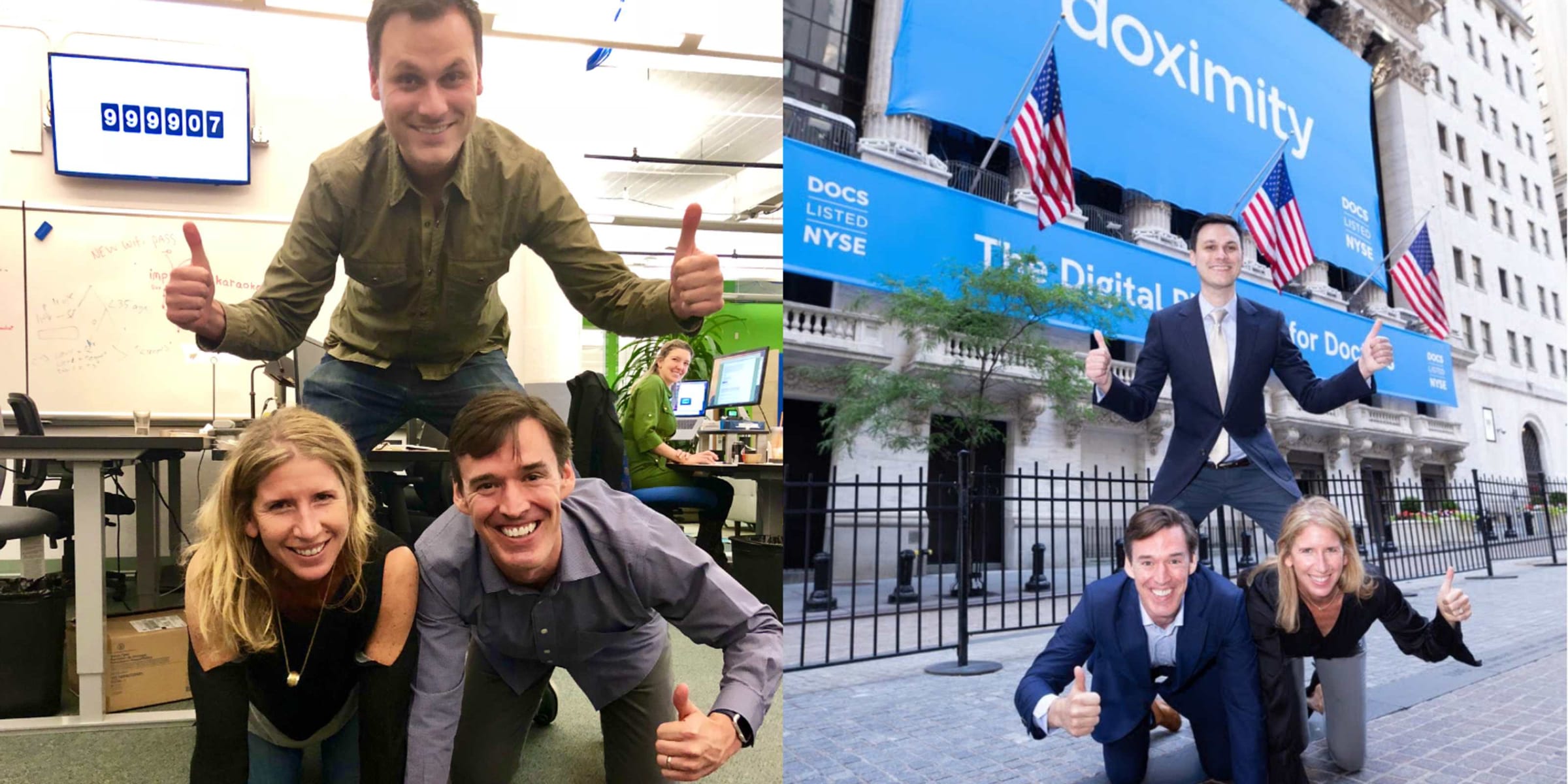 Doximity co-founder Nate Gross, top left with colleagues at the company's early offices and top right outside the exchange at its 2021 listing, in photos from Doximity's farewell post for him