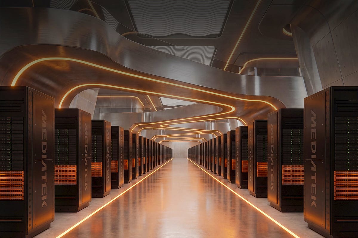 Rows of MediaTek-branded server racks in a stylized data center aisle, the company's marketing image for its custom data center silicon line