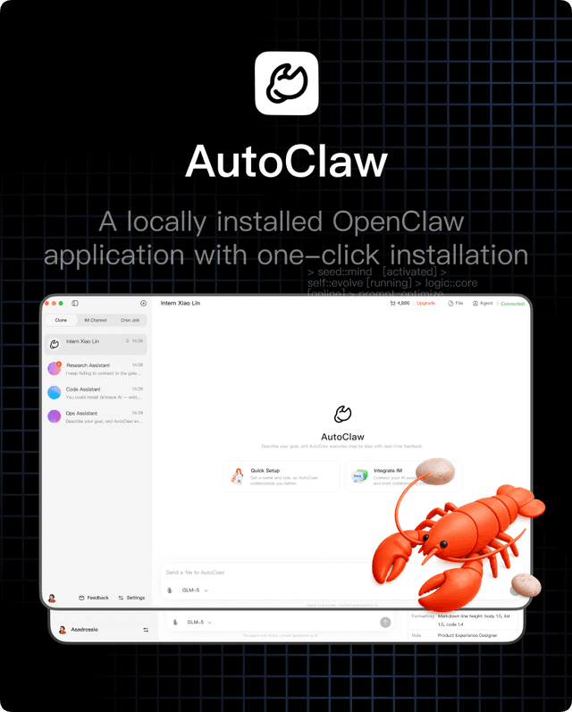 AutoClaw, Z.ai's desktop agent application, showing its setup screen and agent panel
