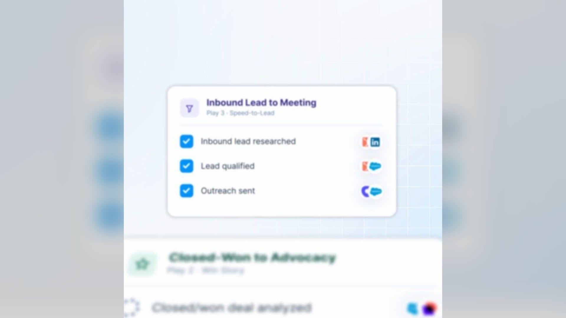 Agent Teams plays inside ZoomInfo's GTM Studio: an Inbound Lead to Meeting play card showing steps researched, qualified and sent, wired into Salesforce, Outreach and LinkedIn