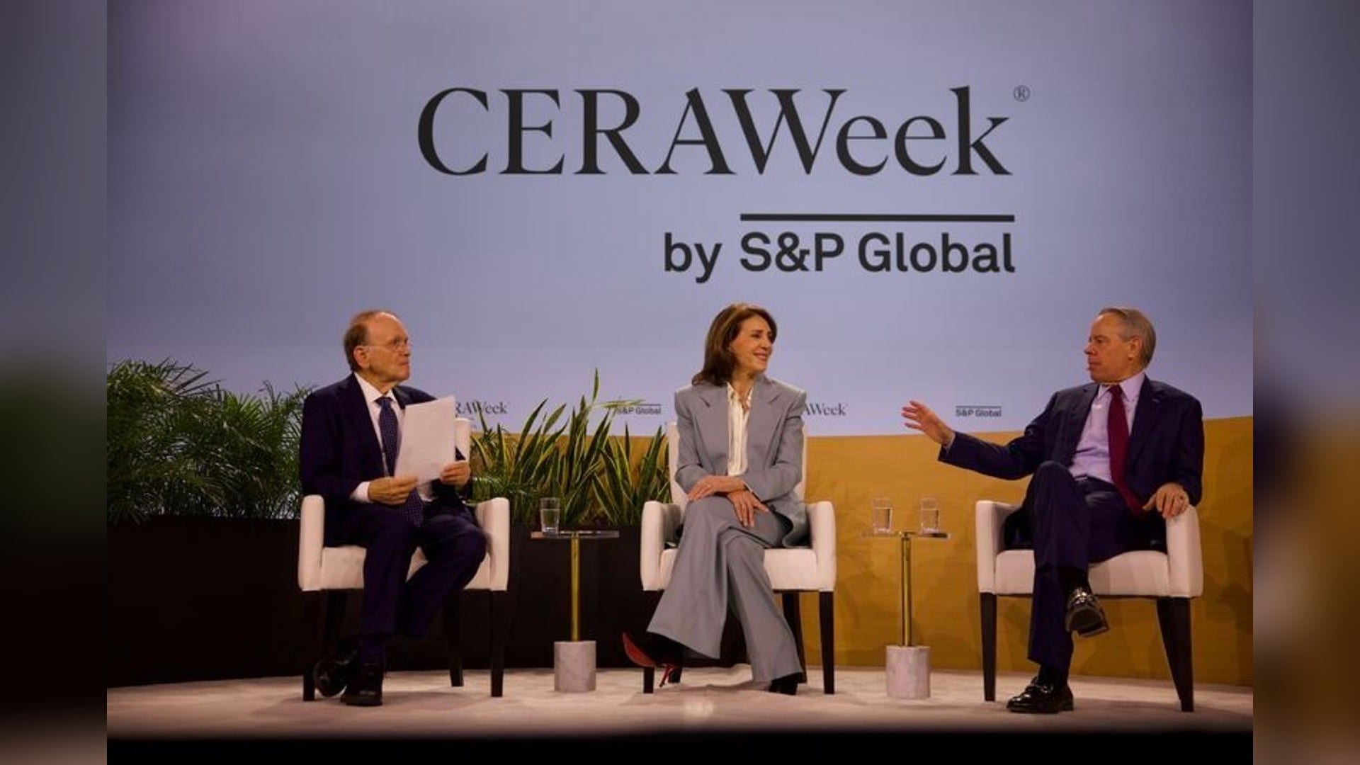 John Ketchum, chairman and chief executive of NextEra Energy, speaking on a CERAWeek panel alongside Daniel Yergin of S&P Global and Ruth Porat of Alphabet