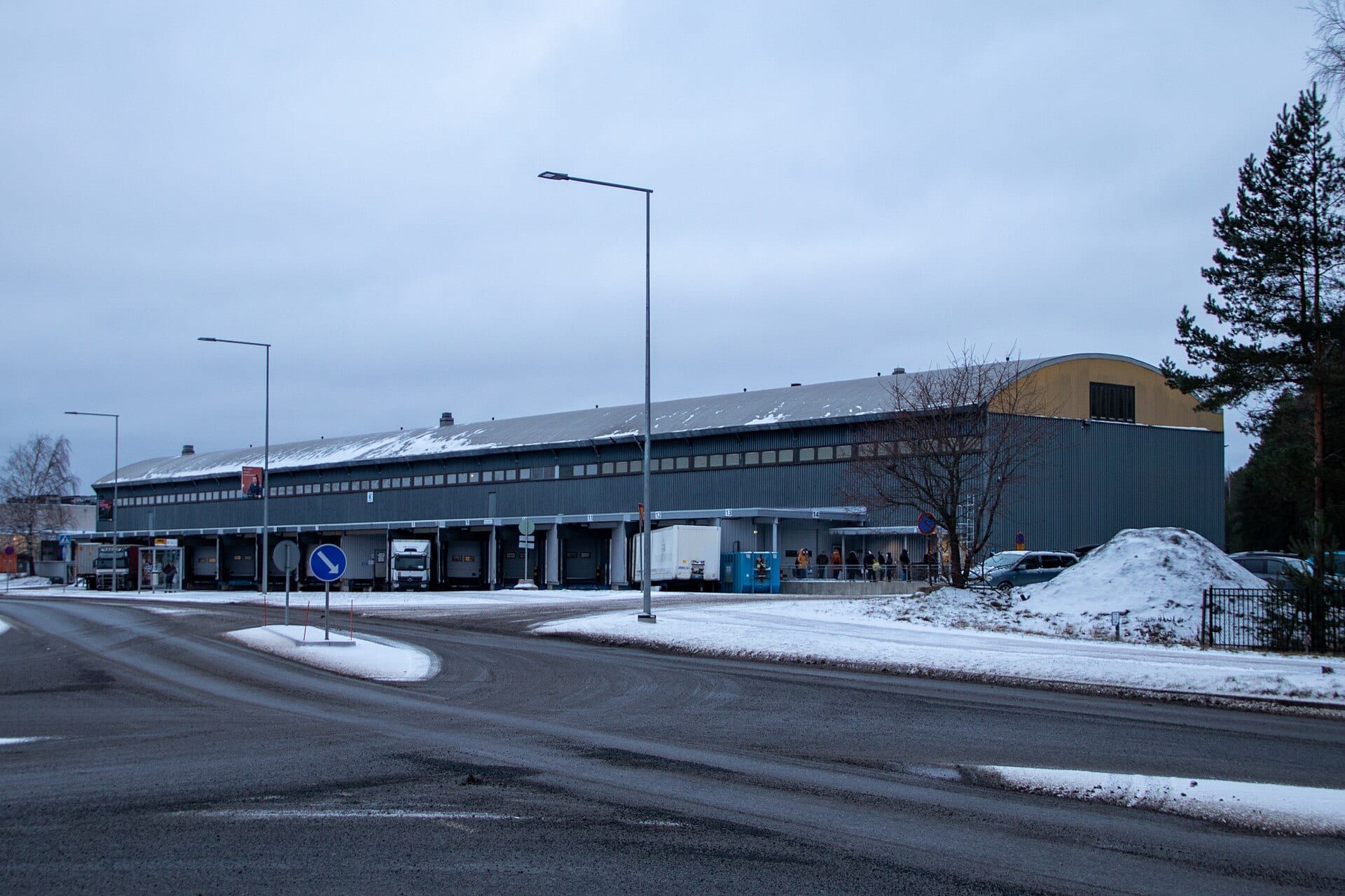 Loading docks and delivery trucks at the Kesko warehouse in Hakkila, Vantaa, Finland