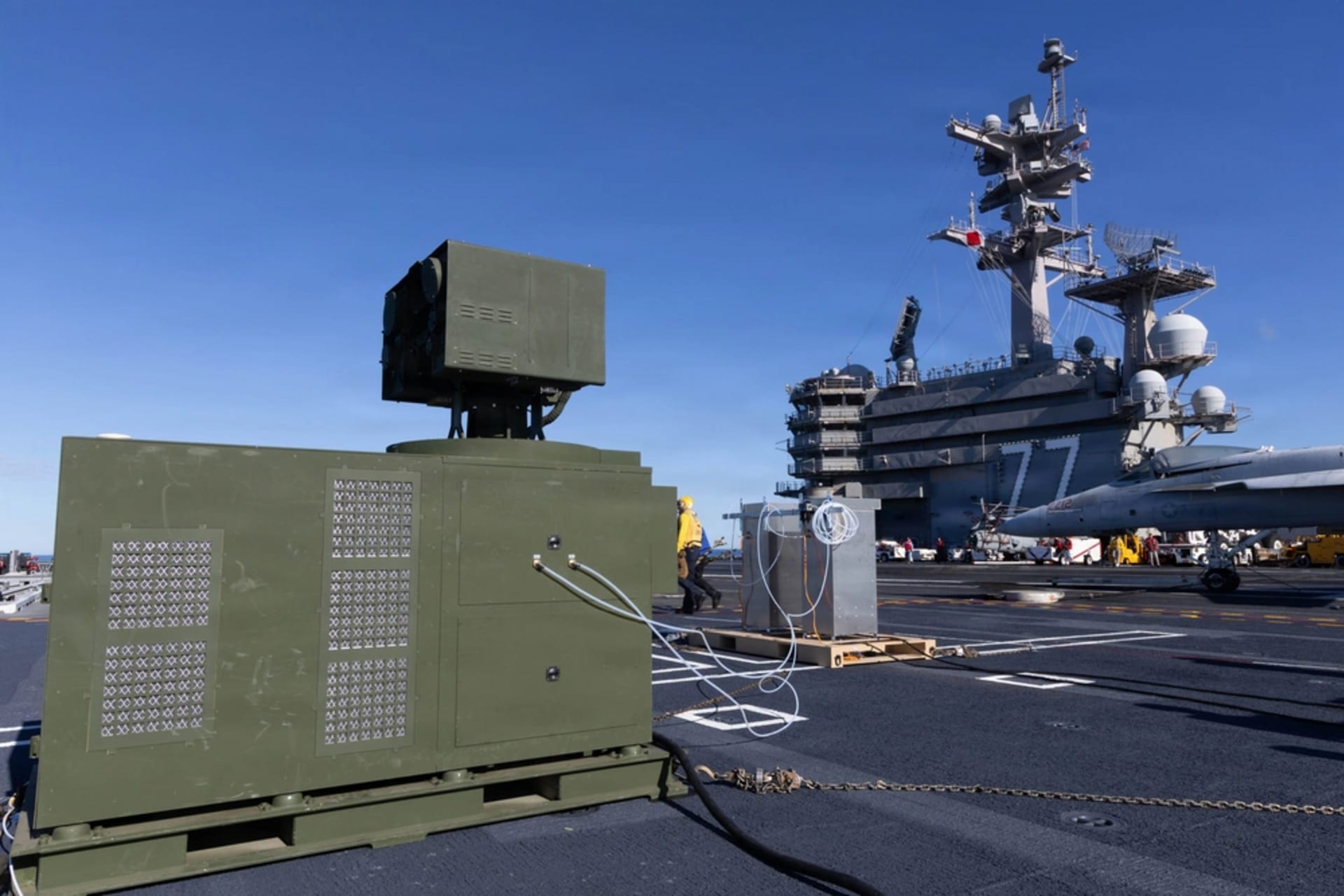 The LOCUST laser weapon system on the flight deck of the USS George H.W. Bush during a joint US Navy, Army and AeroVironment test