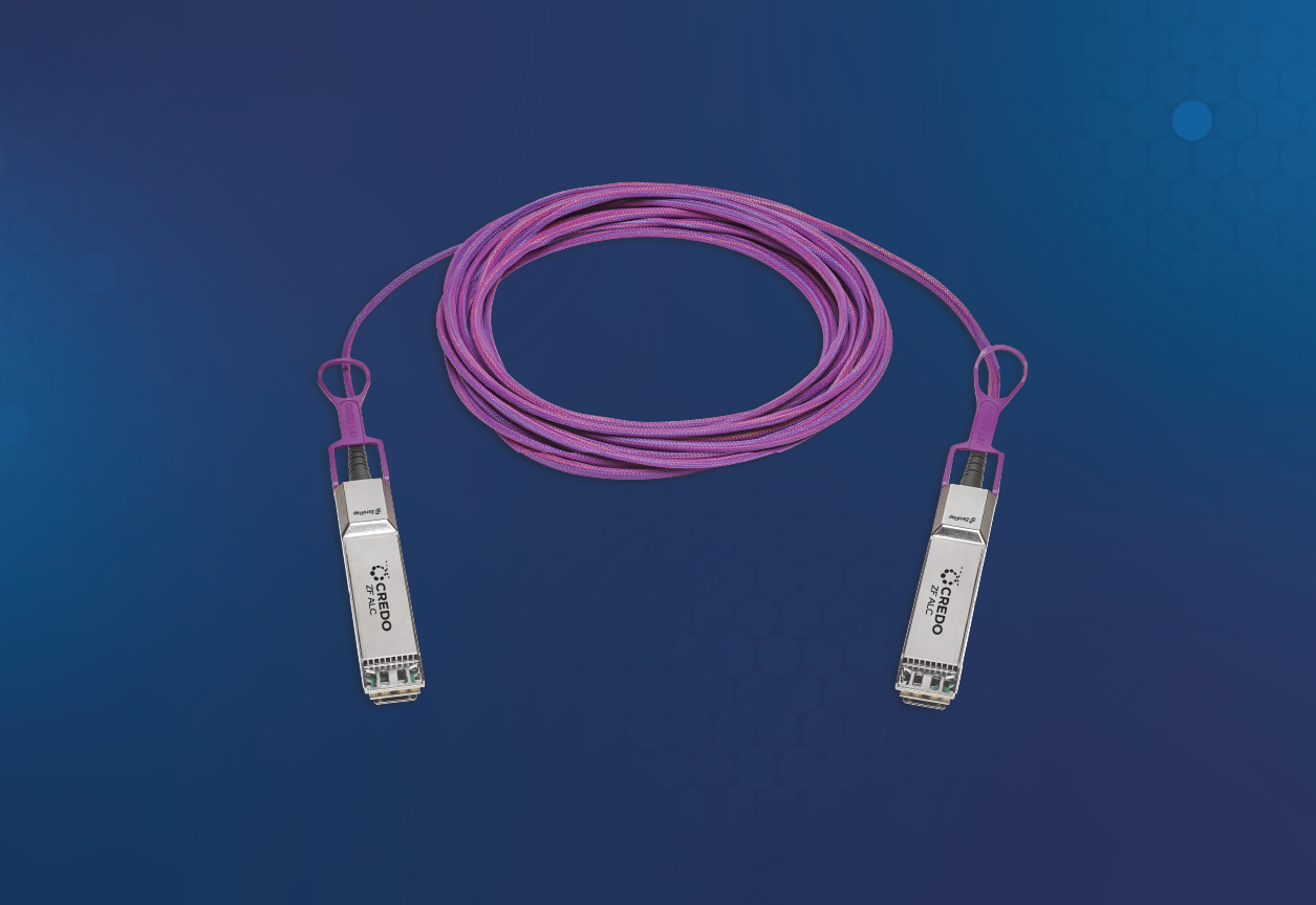 Credo's ZeroFlap ALC 1.6T active light cable, with two transceiver ends coiled on a blue background
