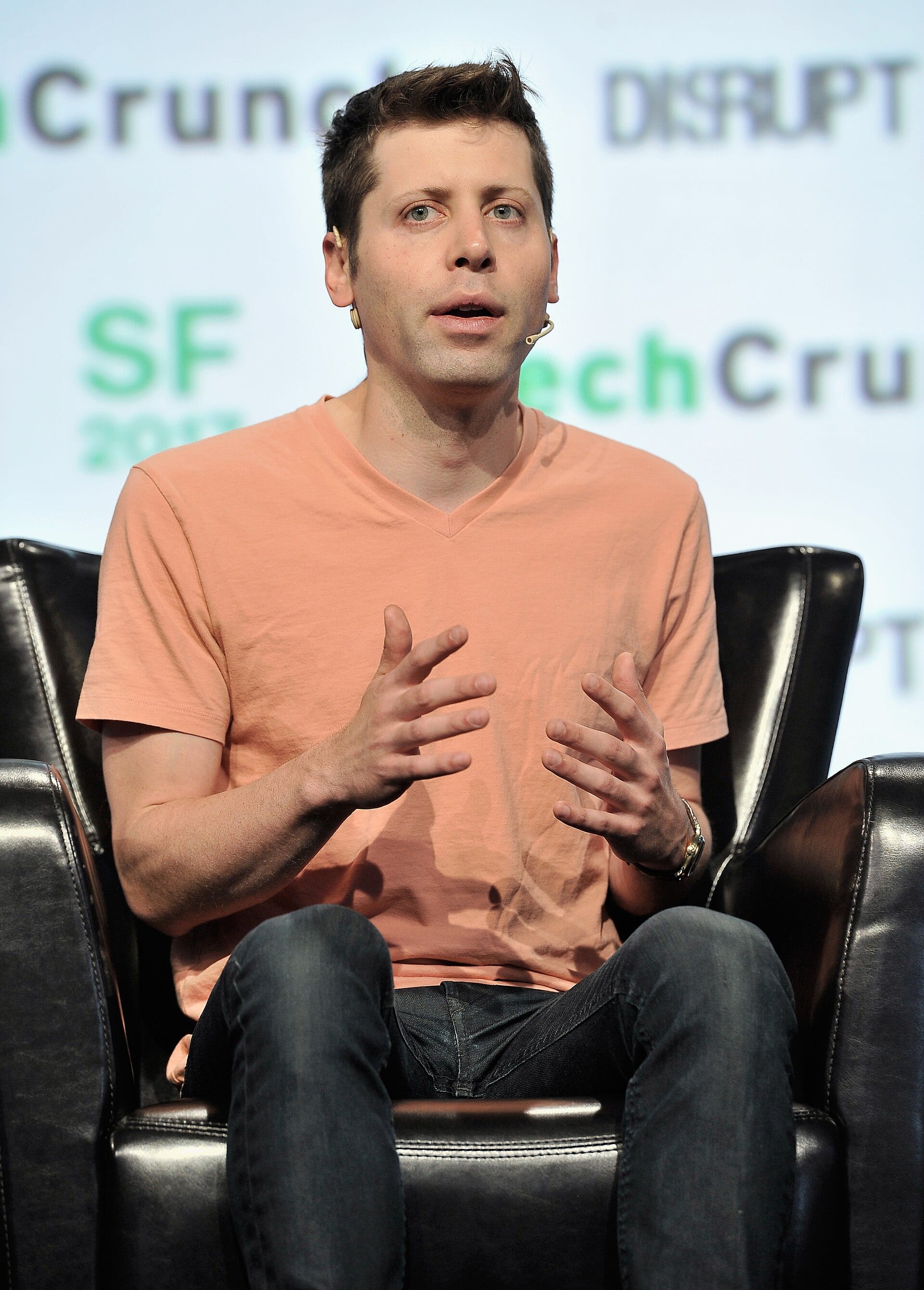 Sam Altman, OpenAI's chief executive, speaking onstage at TechCrunch Disrupt SF in 2017