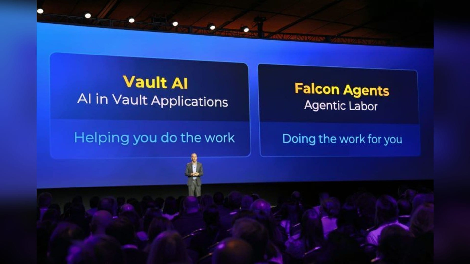 Veeva CEO Peter Gassner on stage at the Veeva Summit in Boston presenting the Vault AI and Falcon Agents roadmap to an audience.