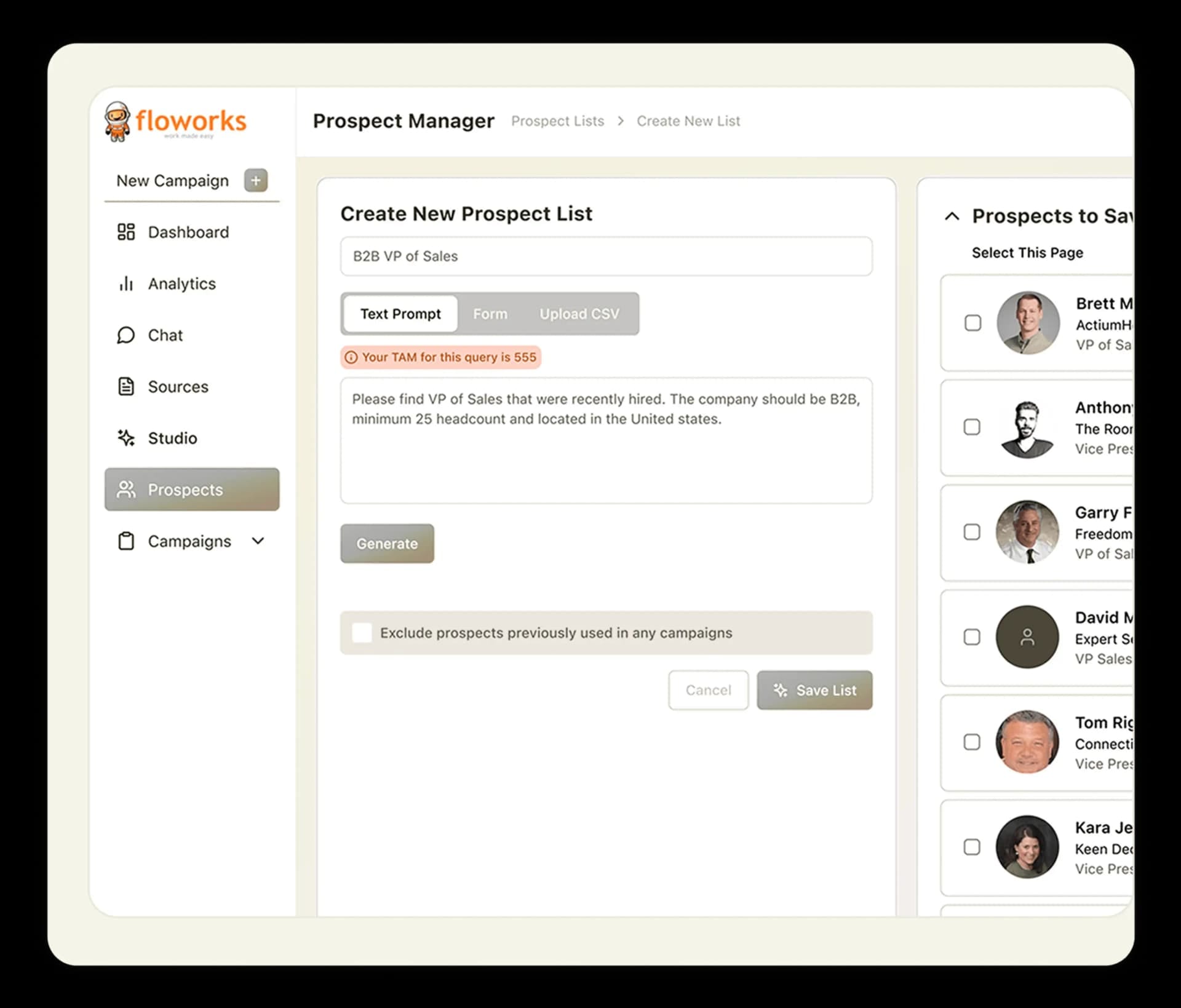 Floworks' Prospect Manager screen, with a text prompt asking for newly hired US sales vice presidents and a list of prospects beside it.