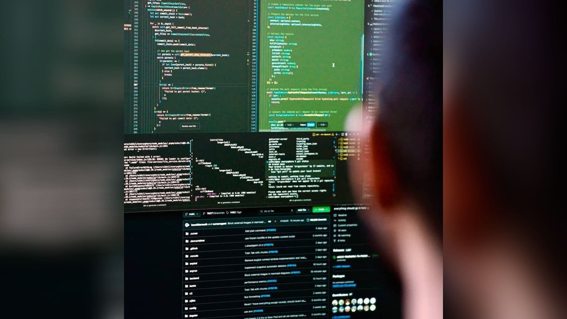 A developer works across panels of source code, pull requests and terminal output, the environment where a trojanized VS Code extension surfaced