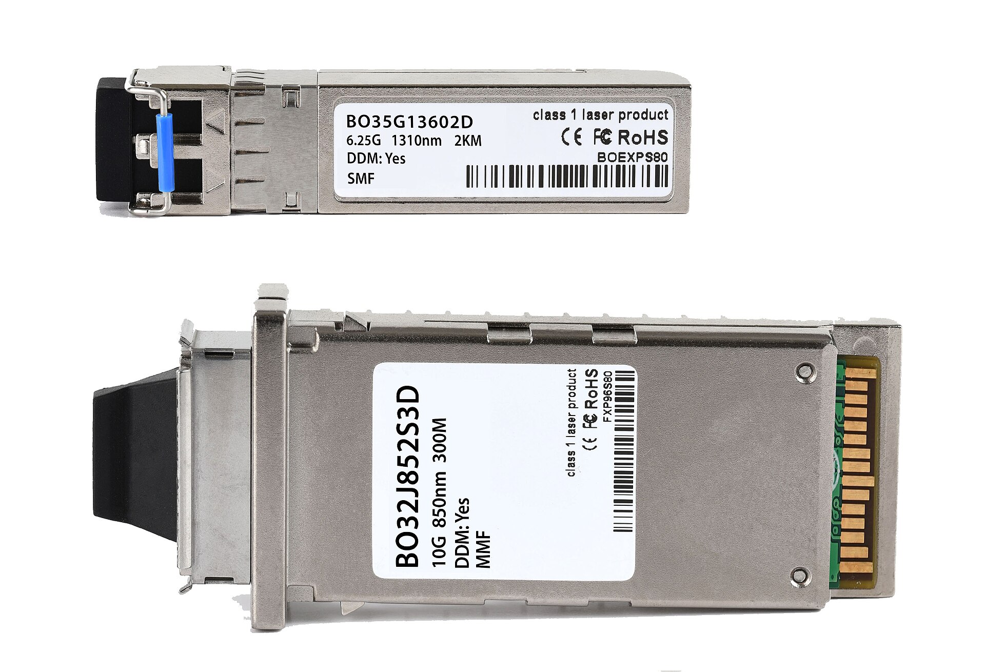 Two pluggable optical transceiver modules, an SFP+ above and a larger X2 below, showing their labels and electrical connectors