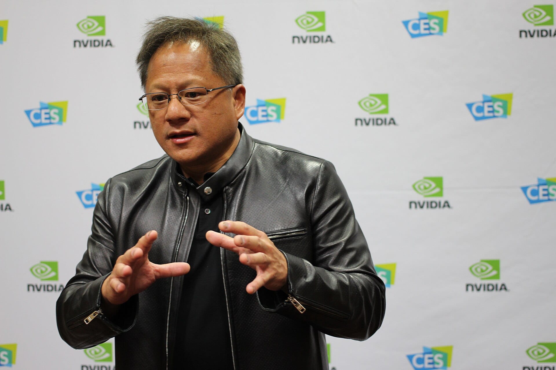 Nvidia chief executive Jensen Huang gesturing during a press event