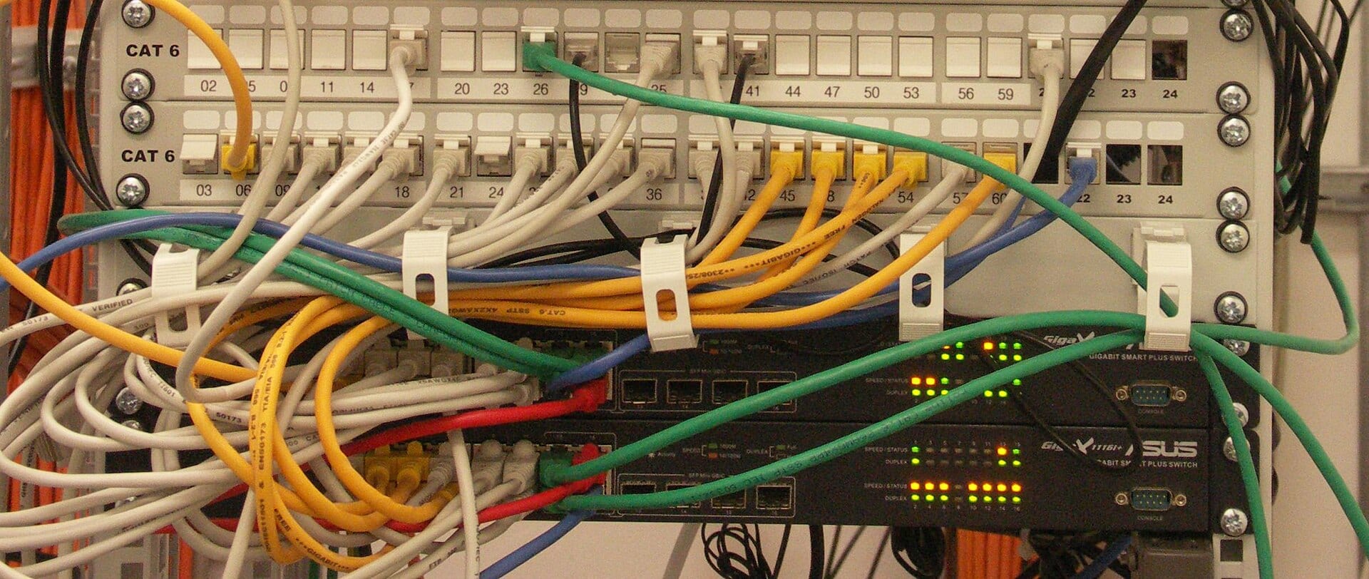 Ethernet switches and patch panels in a network rack