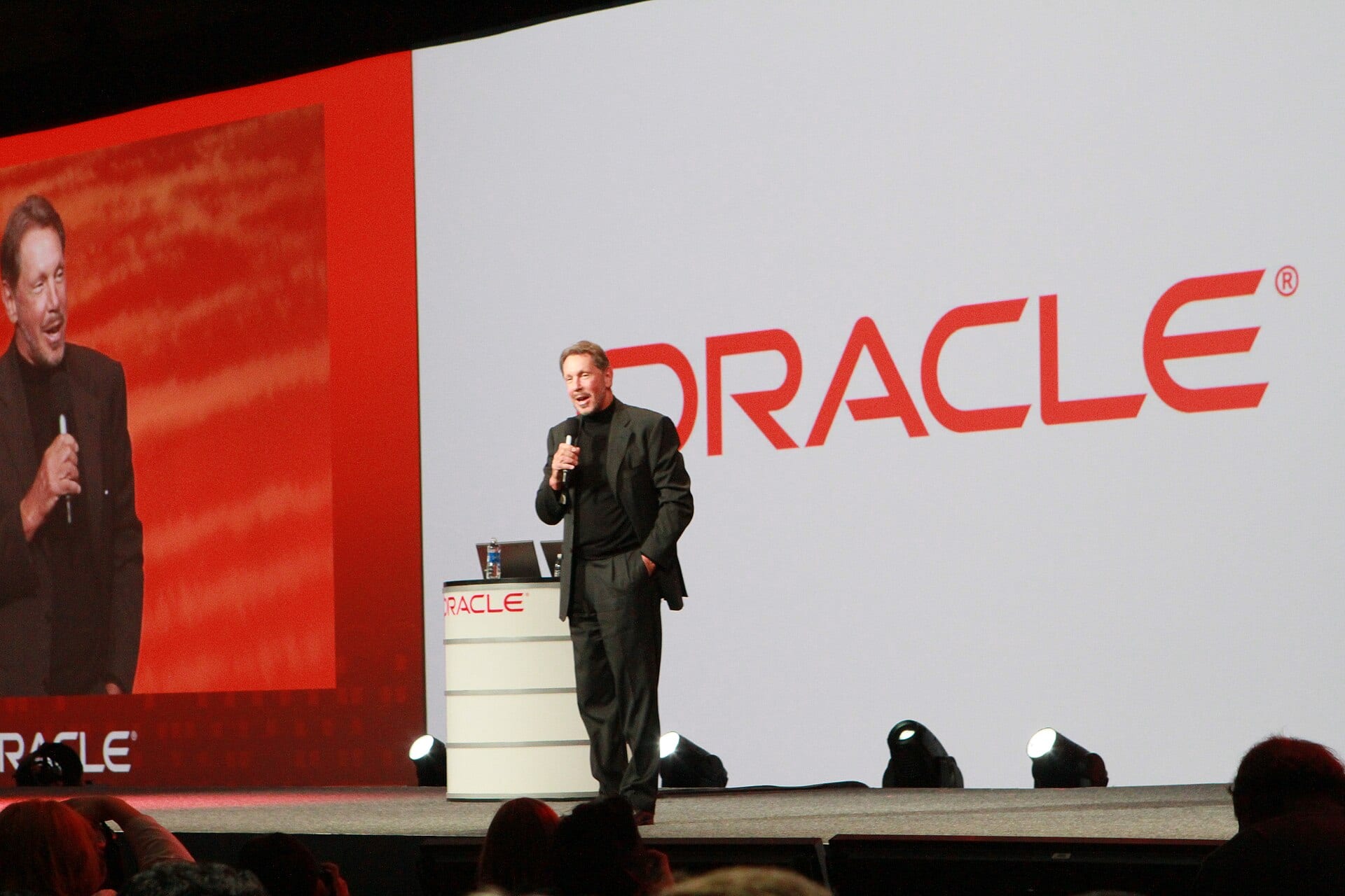 Larry Ellison, Oracle's co-founder, speaking on stage at Oracle OpenWorld in 2010