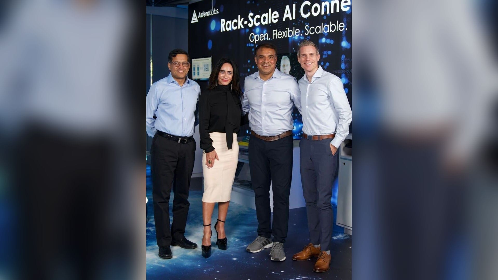 Astera Labs co-founders Jitendra Mohan and Sanjay Gajendra at the company's rack-scale AI connectivity showcase