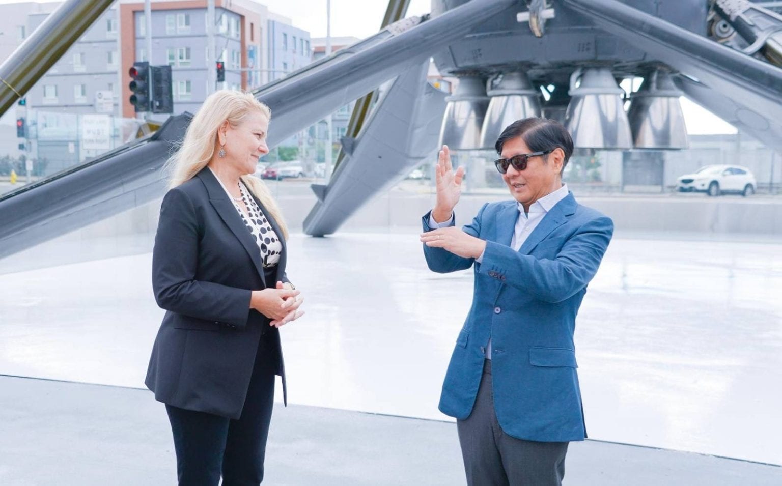 Gwynne Shotwell, SpaceX's president and COO, receives Philippine President Bongbong Marcos at the company's Hawthorne, California headquarters in November 2023.