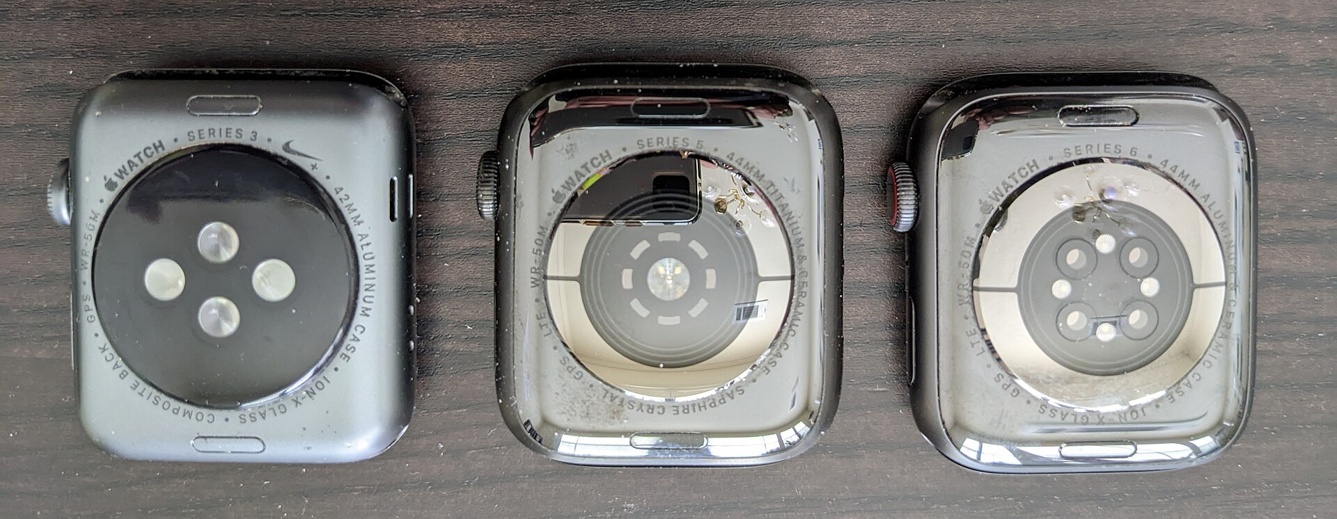 The optical sensor arrays on the backs of Apple Watch Series 3, 5 and 6