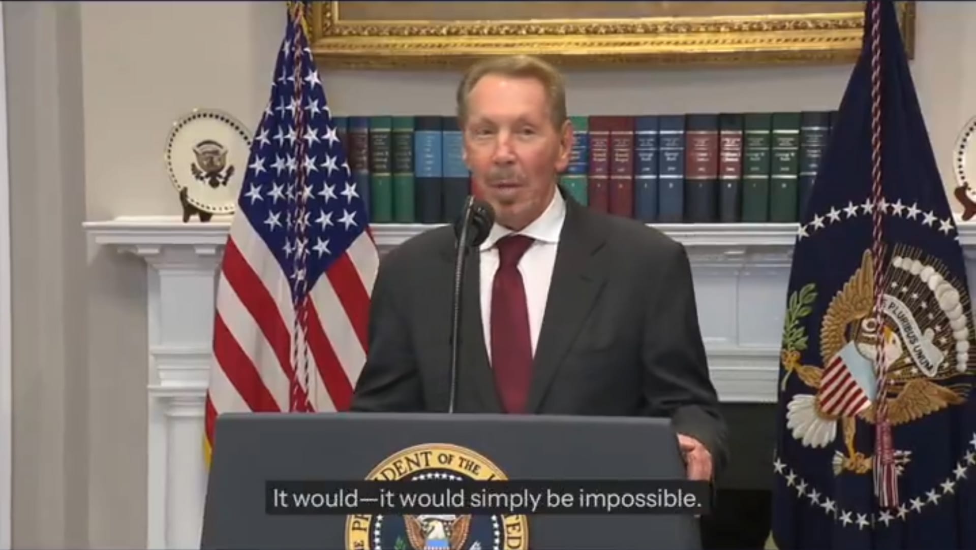 Larry Ellison, Oracle's founder and chief technology officer, speaking at a White House press conference on American AI investment in January 2025.
