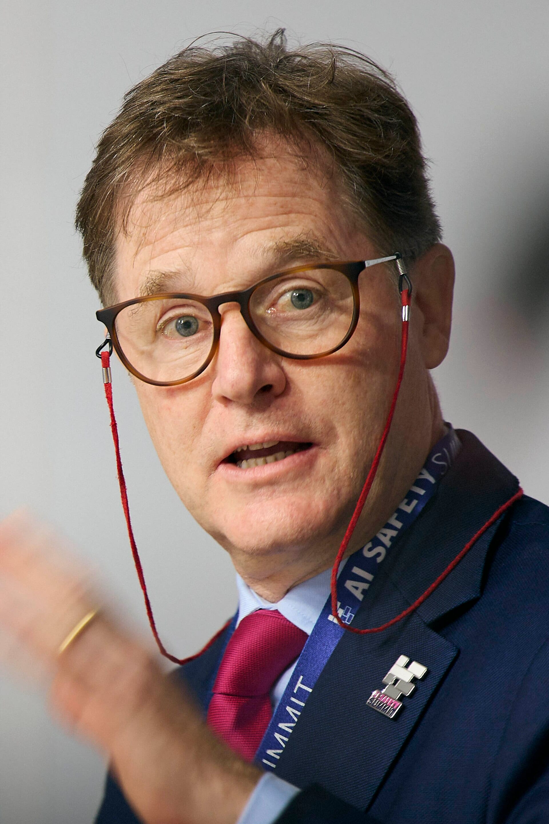 Nick Clegg speaking at the AI Safety Summit at Bletchley Park in November 2023