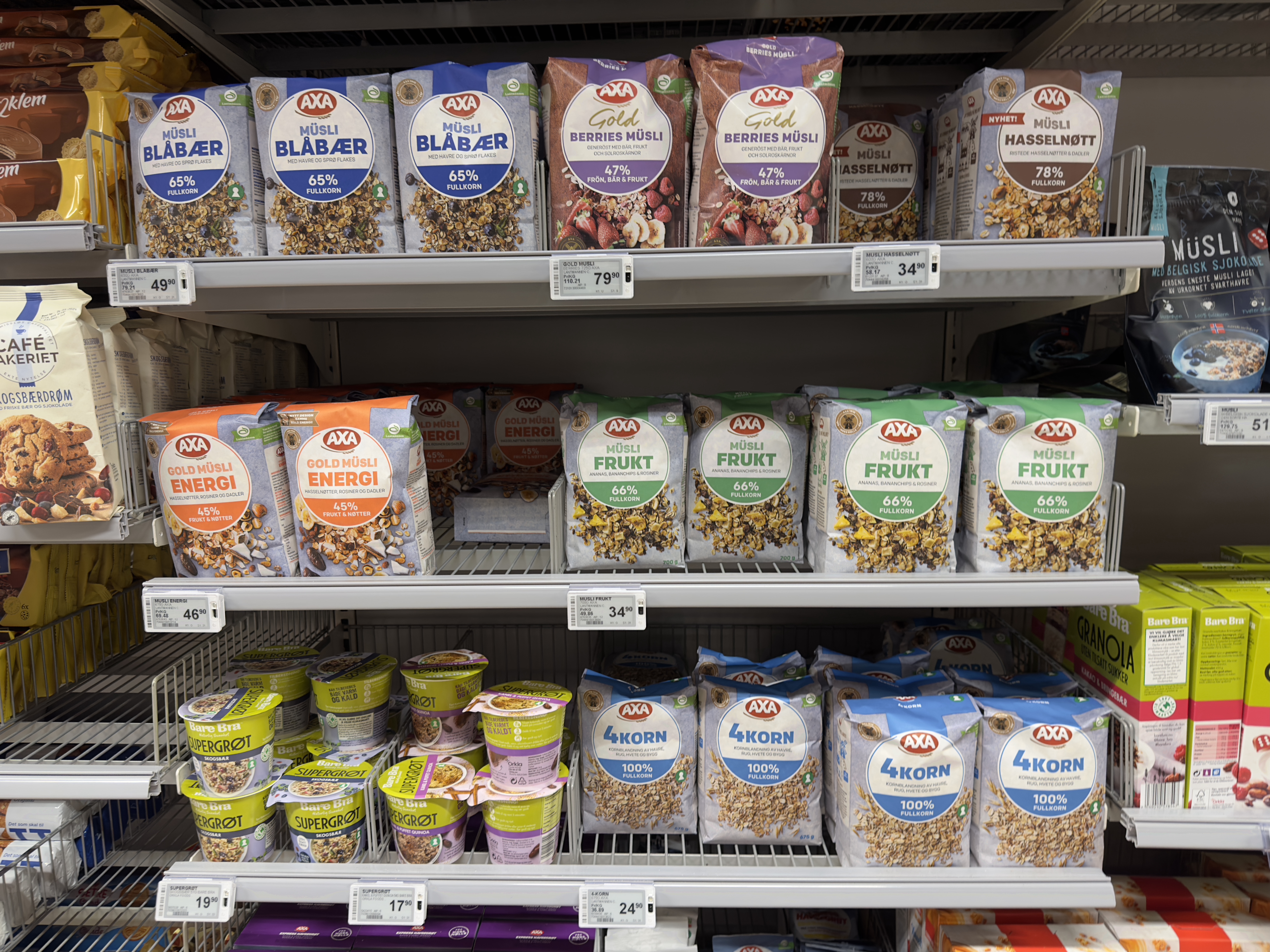 Supermarket shelves stocked with cereal and muesli packages and electronic price tags, the kind of shelf inventory Dashers photograph.