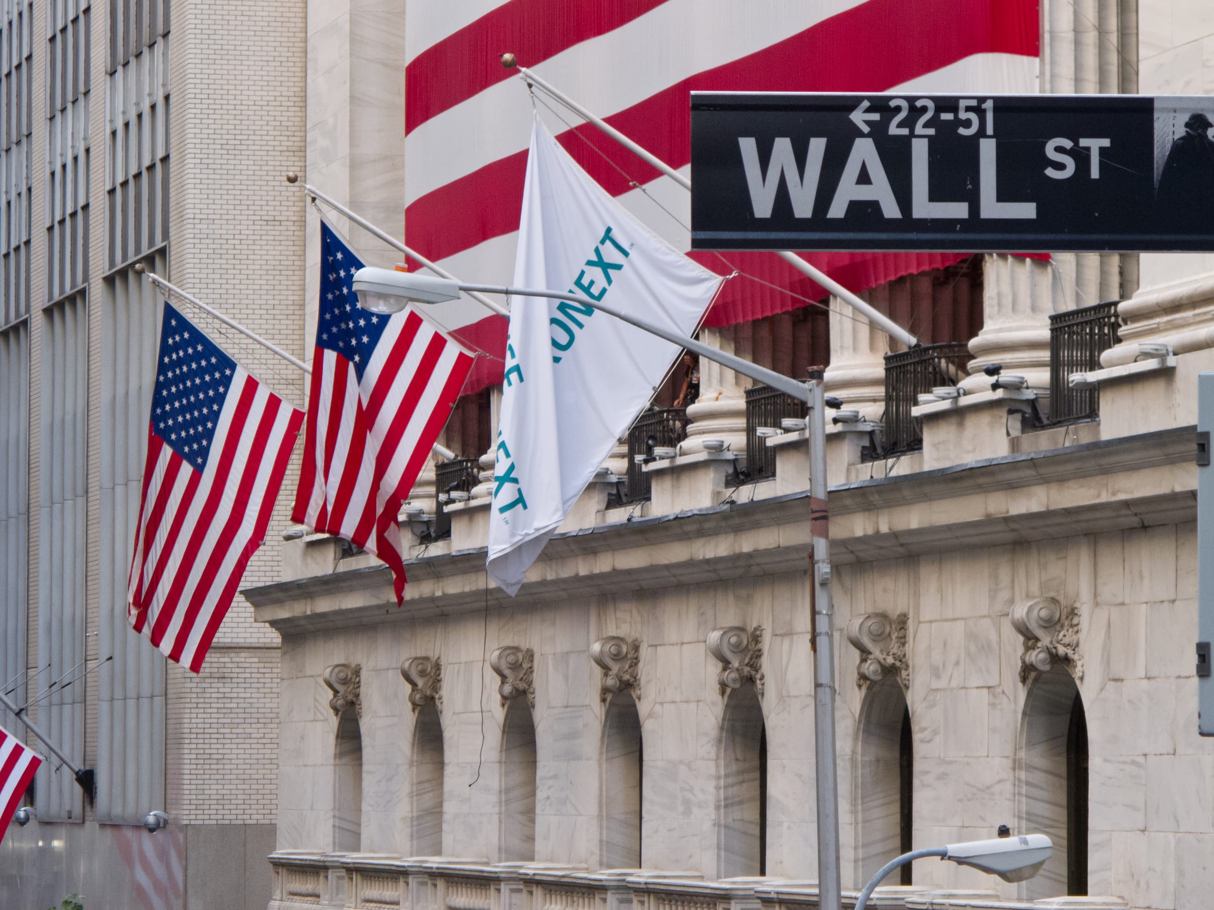 The Wall Street sign in front of the New York Stock Exchange, with American flags and an NYSE flag flying from the building's facade