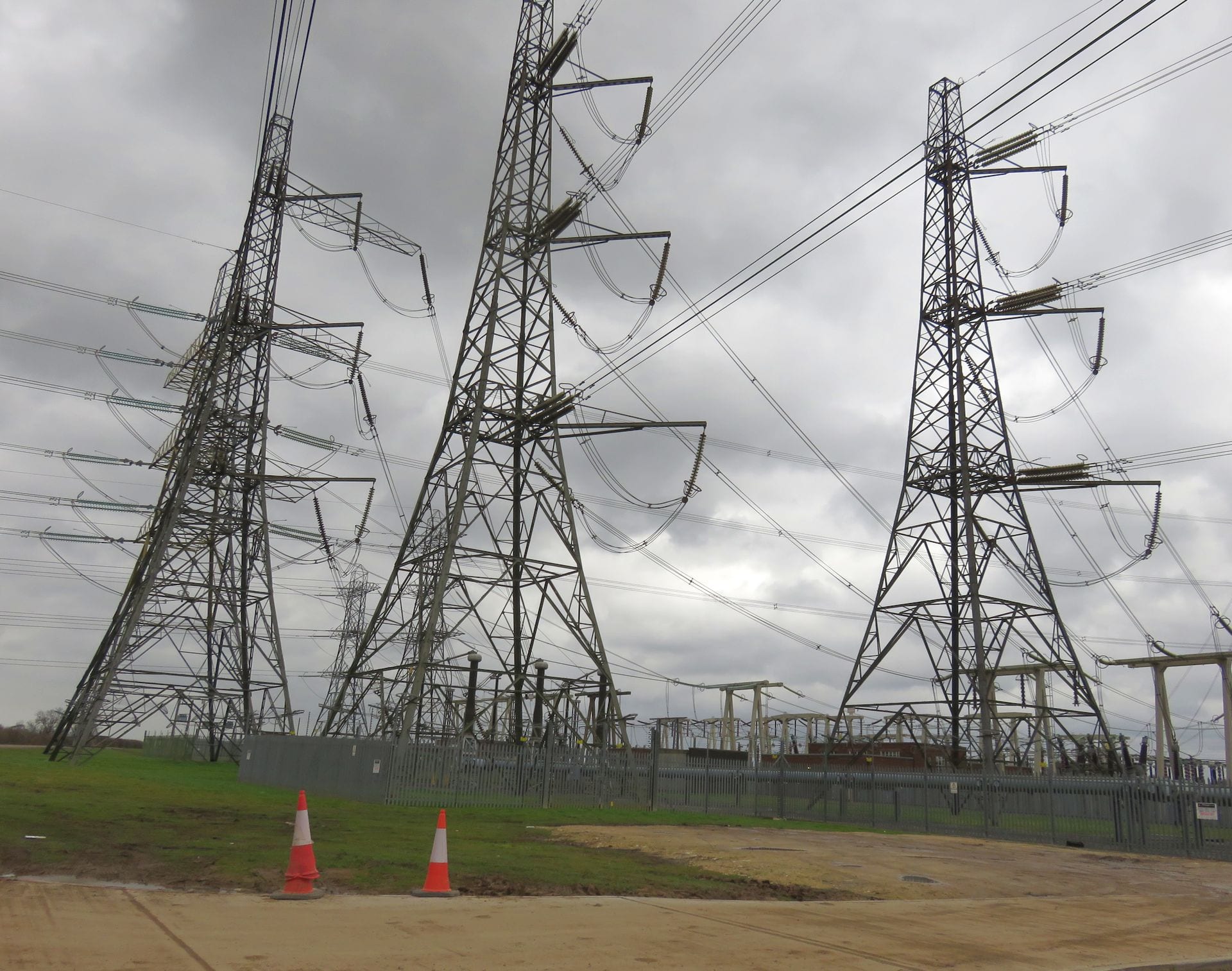 Transmission pylons and the Monk Fryston National Grid substation in North Yorkshire, England