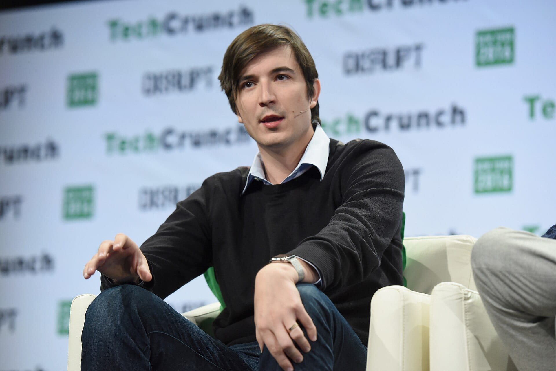 Vlad Tenev, co-founder and chief executive of Robinhood, seated on a panel stage at TechCrunch Disrupt NY 2016.