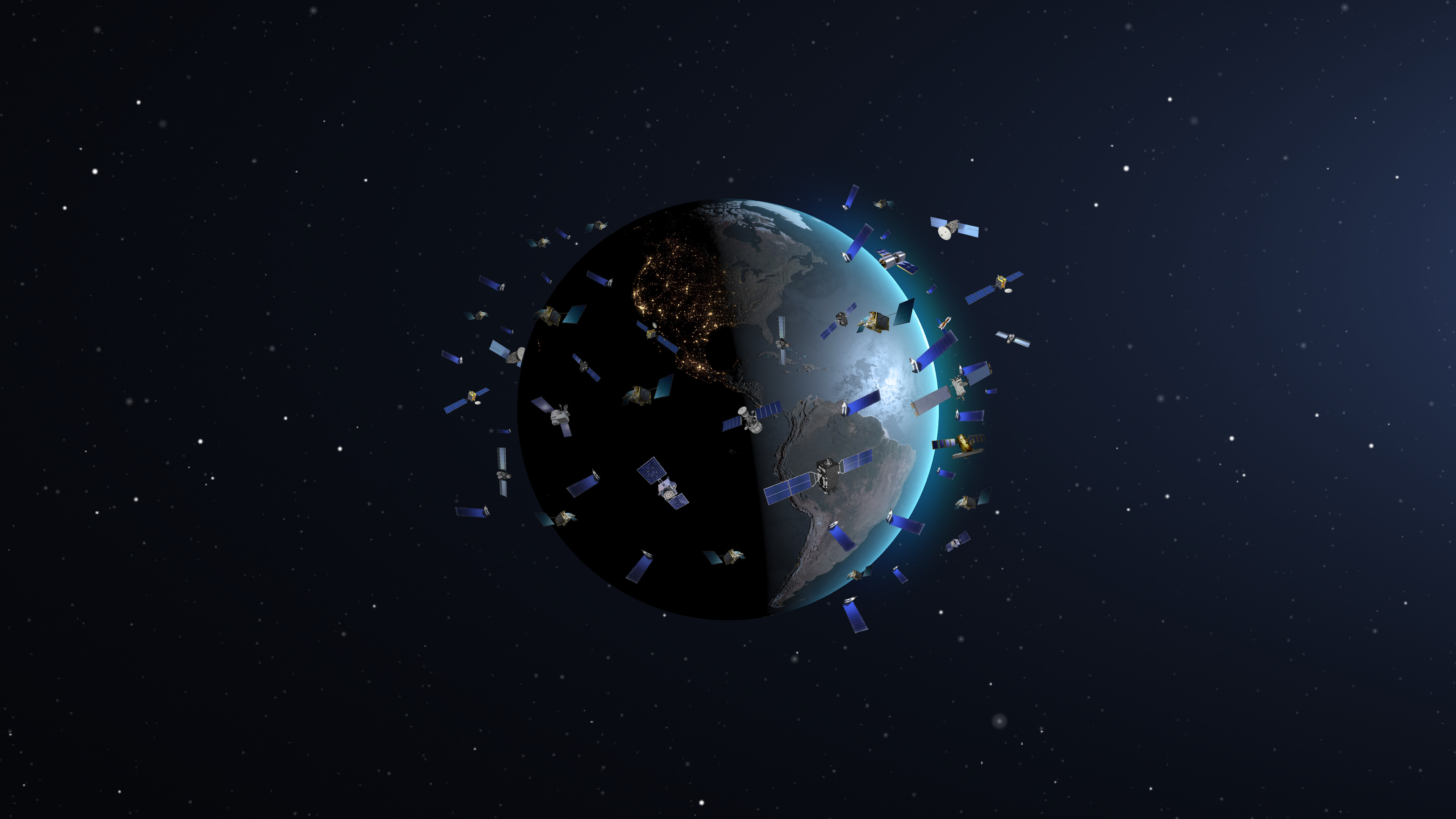 Artist's impression of a large satellite constellation in low Earth orbit, shown against the night side of Earth