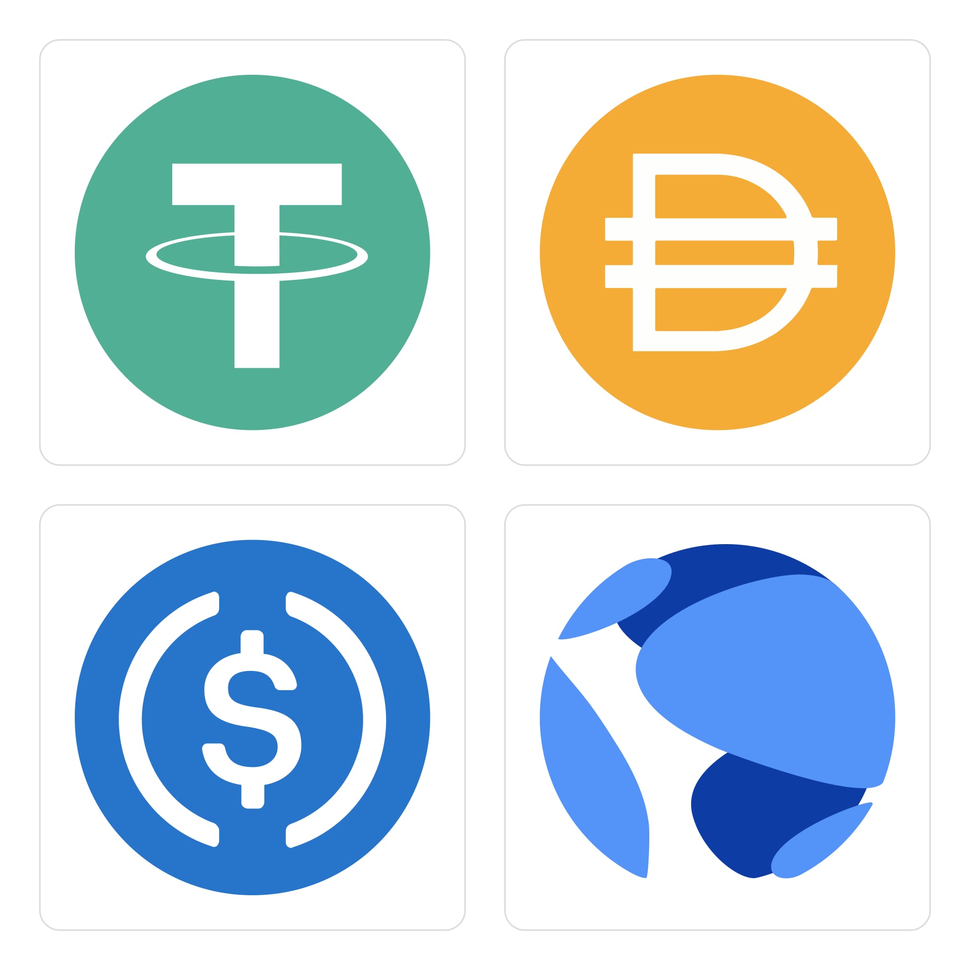Montage of four dollar stablecoin logos: Tether, Dai, USD Coin and TrueUSD
