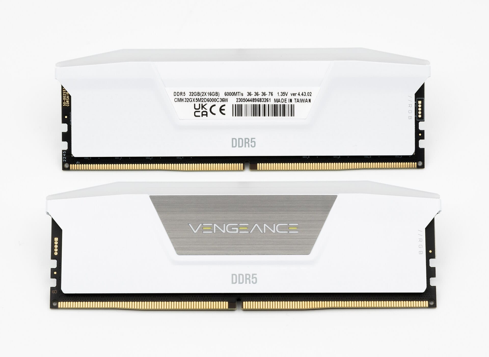 Two white Corsair Vengeance DDR5 memory modules against a white background