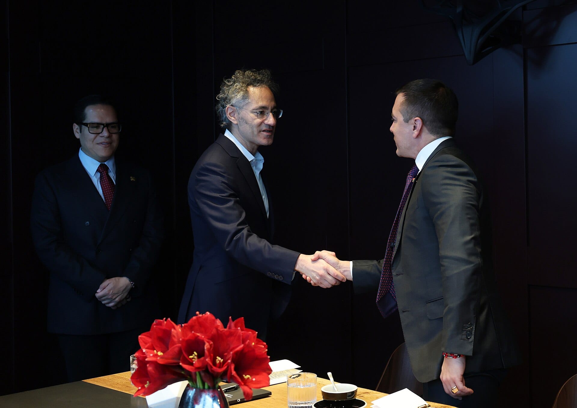 Palantir CEO Alex Karp, in profile, shaking hands across a meeting table at Davos