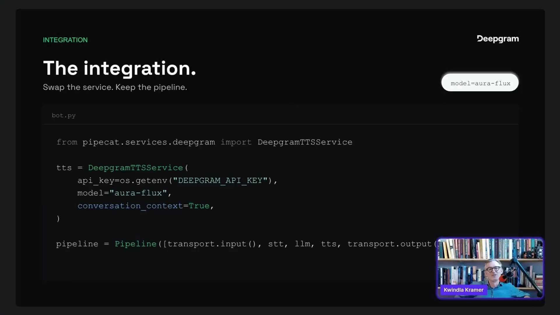 A slide from a Deepgram webinar showing Pipecat code that wires Deepgram's text-to-speech service into a voice agent pipeline, with Kwindla Kramer on a webcam inset
