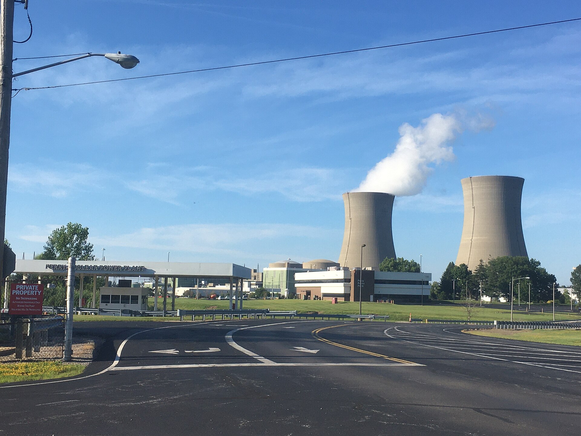 Entrance road and cooling towers of the Perry Nuclear Power Plant on Lake Erie