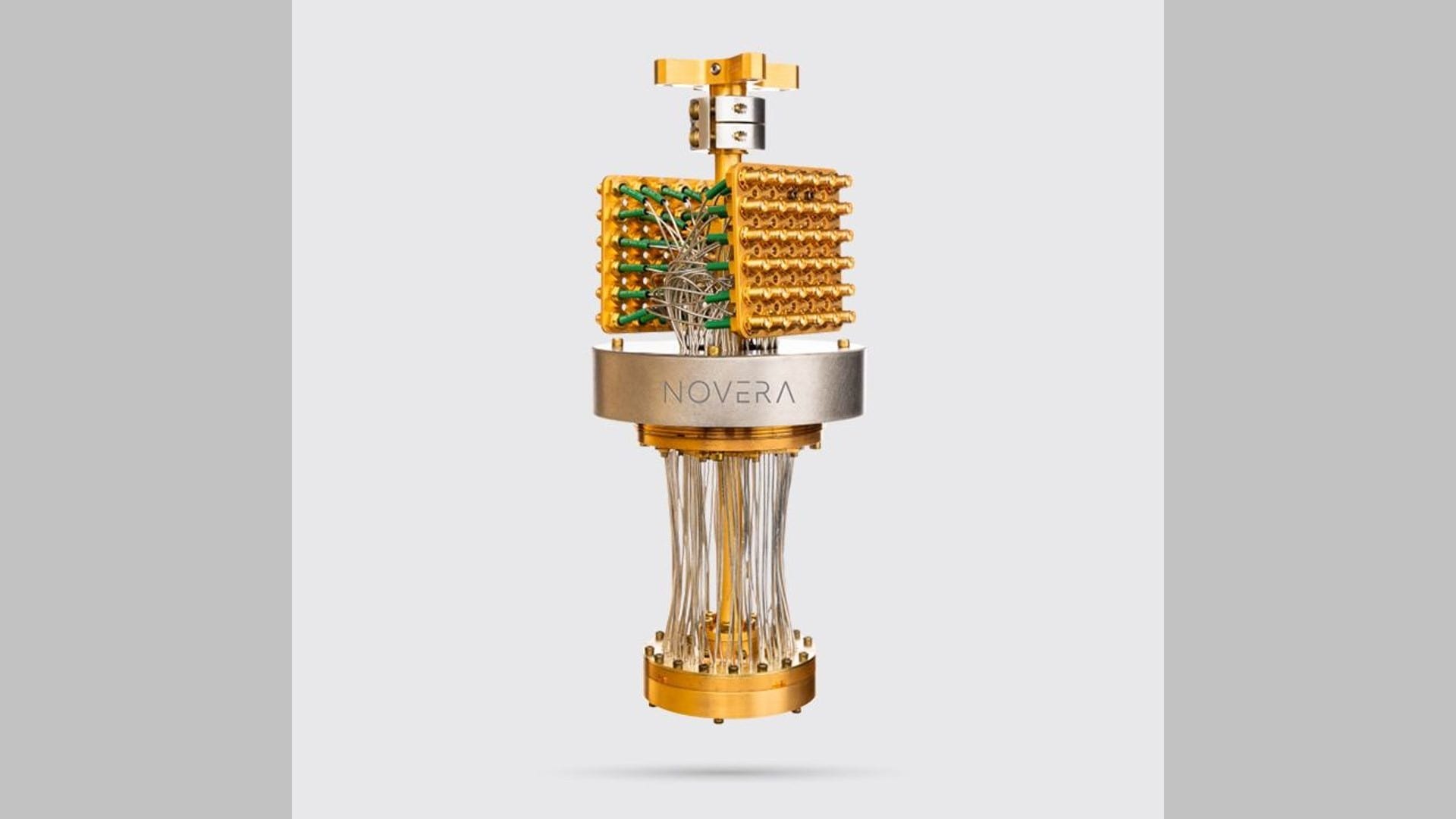 Rigetti's Novera quantum processing unit, a gold dilution refrigerator system carrying the company's superconducting QPU.