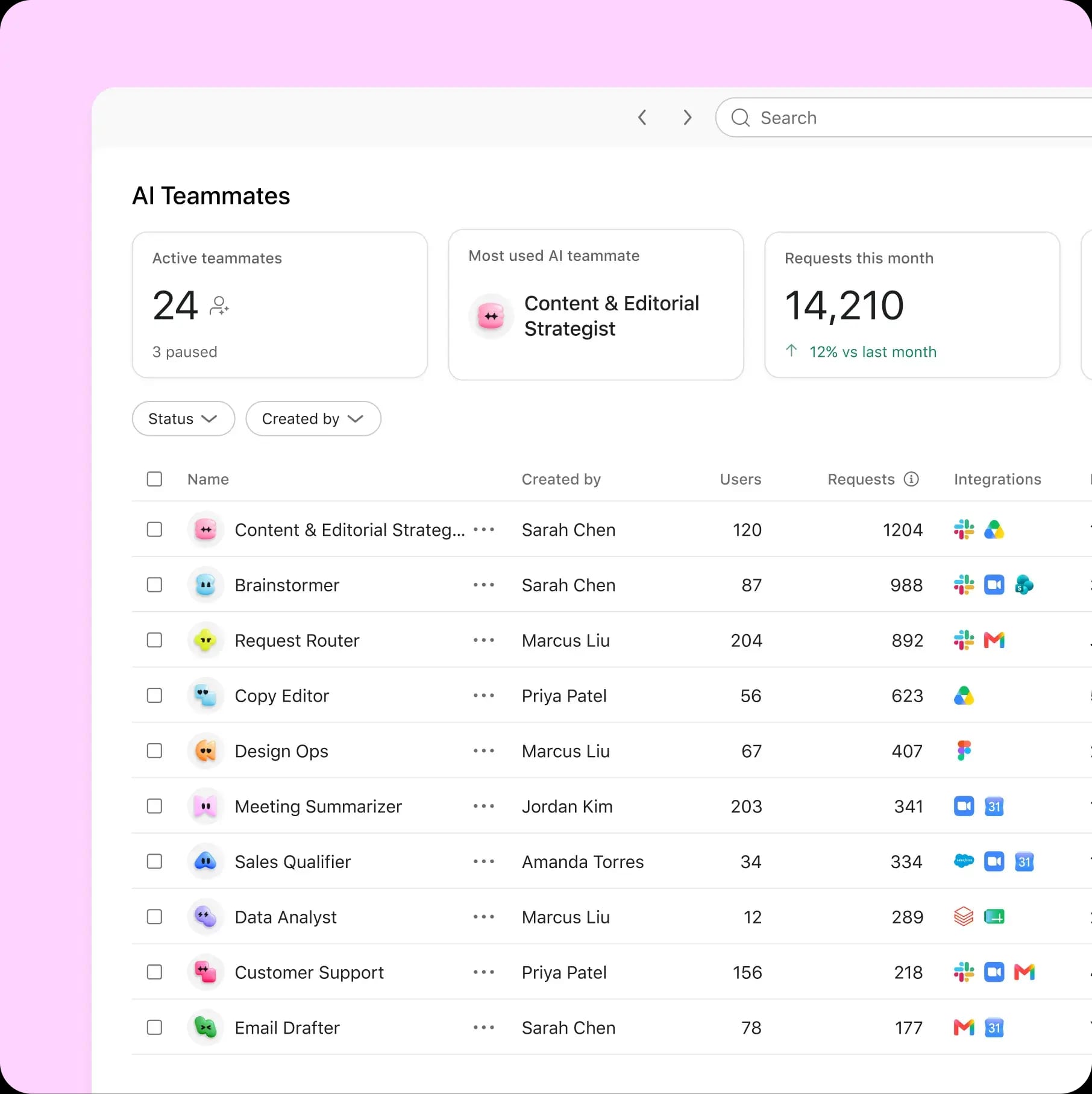 Asana's AI Teammates dashboard listing active AI agents and the requests they bill