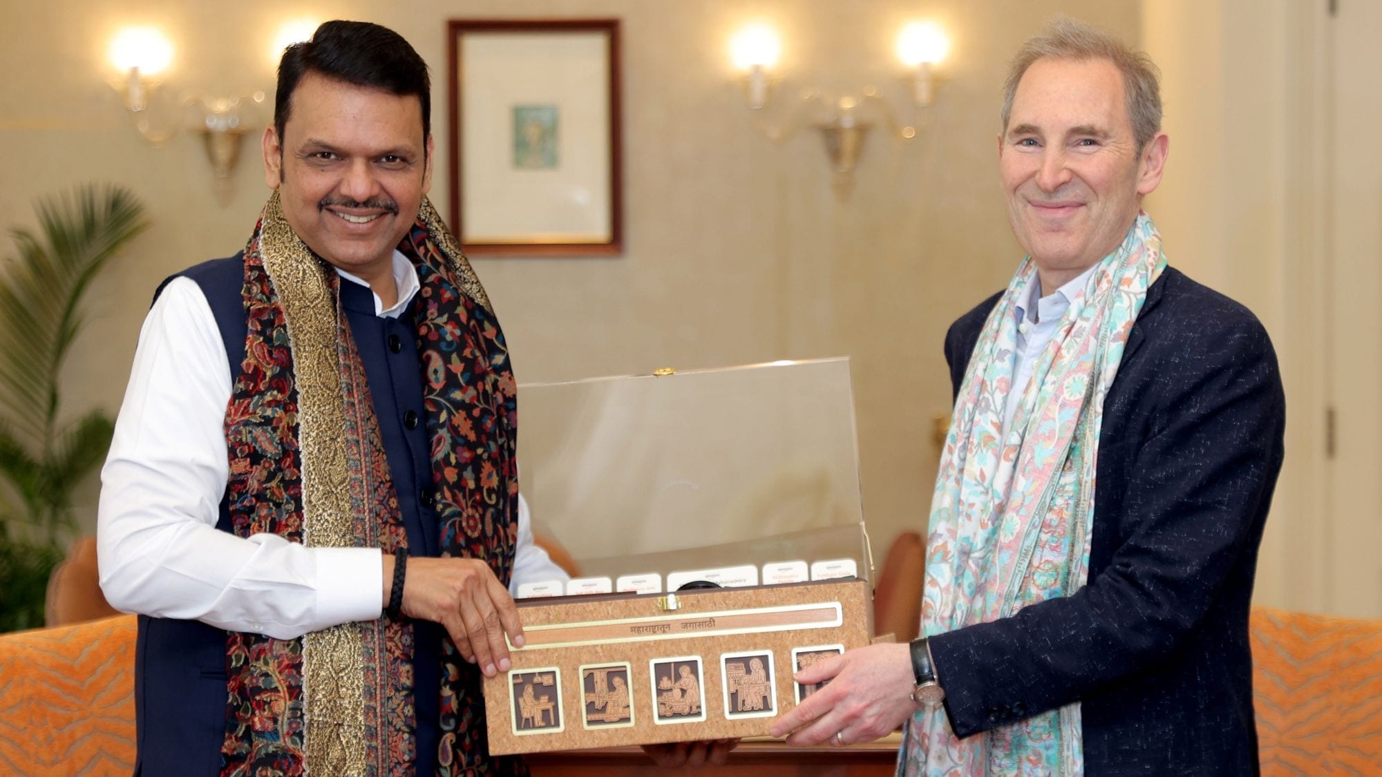 Amazon chief executive Andy Jassy, right, meets Maharashtra chief minister Devendra Fadnavis in Mumbai