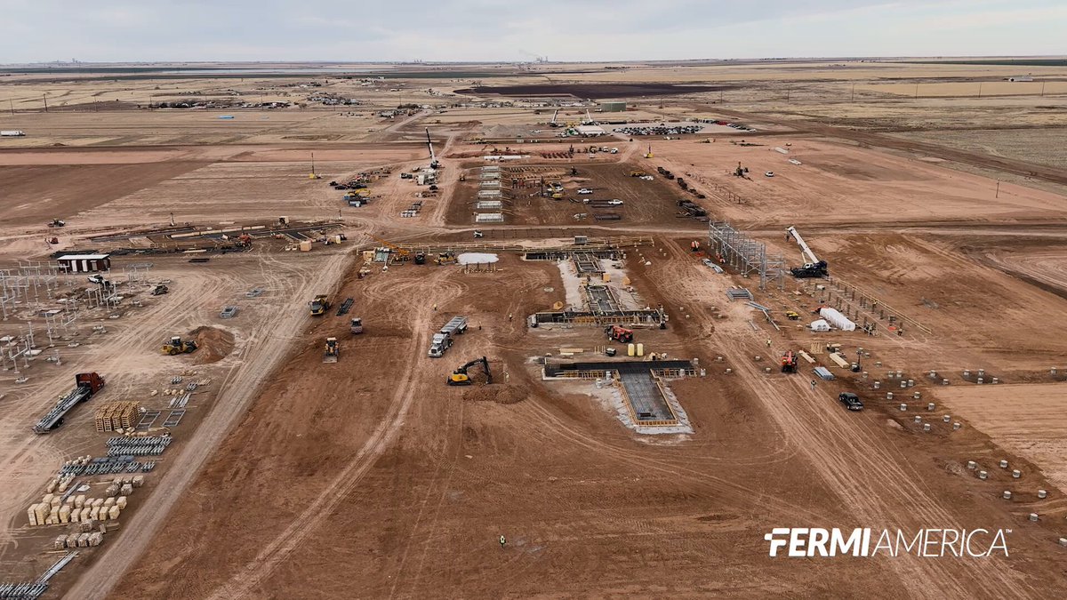 Aerial view of the Project Matador construction site in the Texas Panhandle, with earthworks, foundations and power equipment spread across cleared scrubland