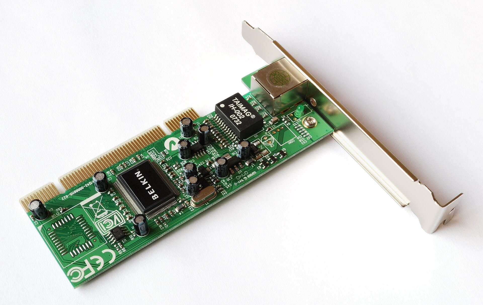 A gigabit PCI Ethernet network card with its bracket and RJ45 port, on a white background