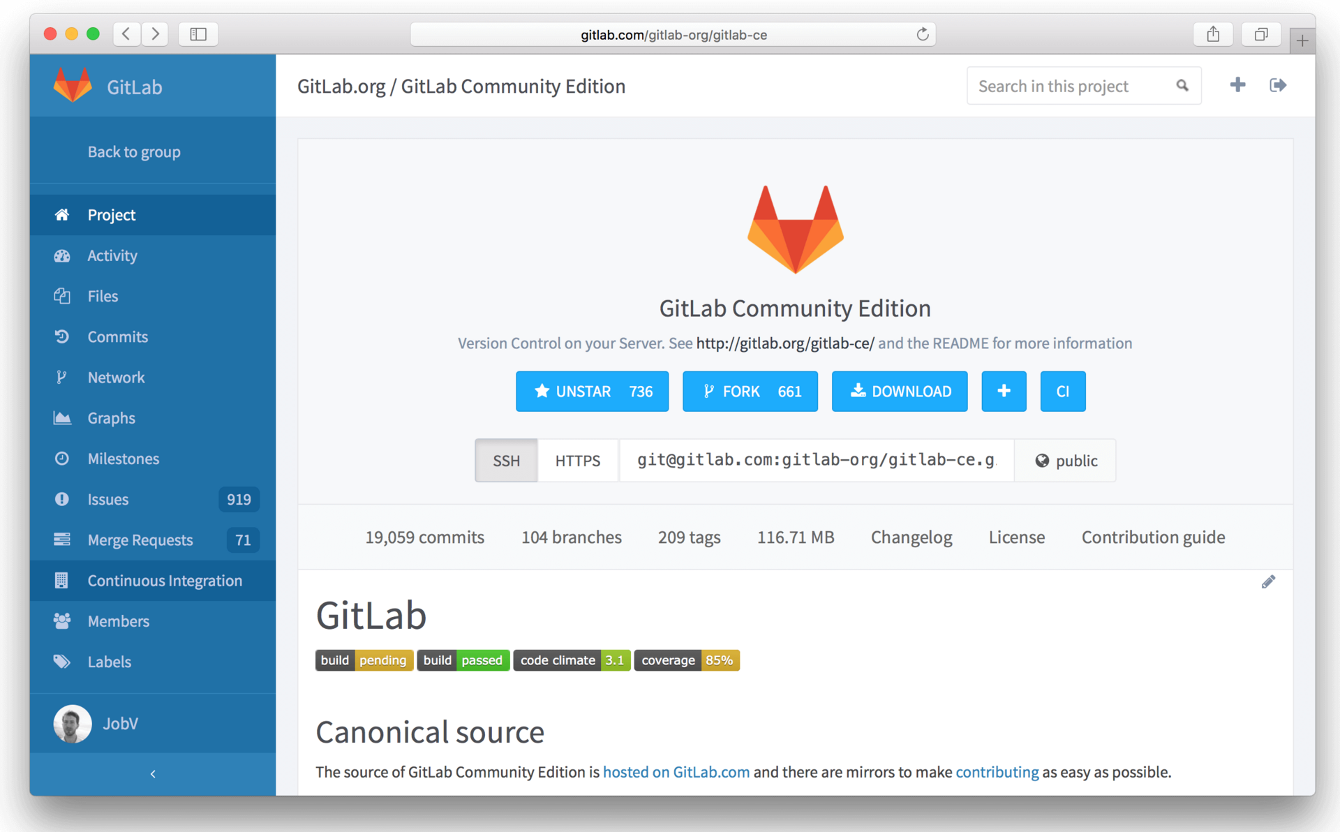 The GitLab Community Edition repository page showing merge activity and build badges.