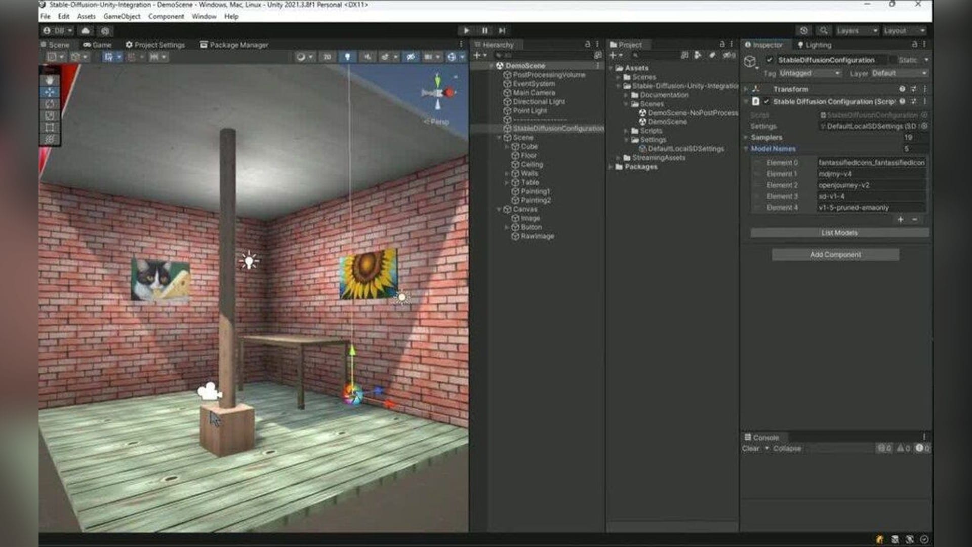 The Unity editor with an AI image generation package loaded, showing a 3D scene being built alongside AI model settings