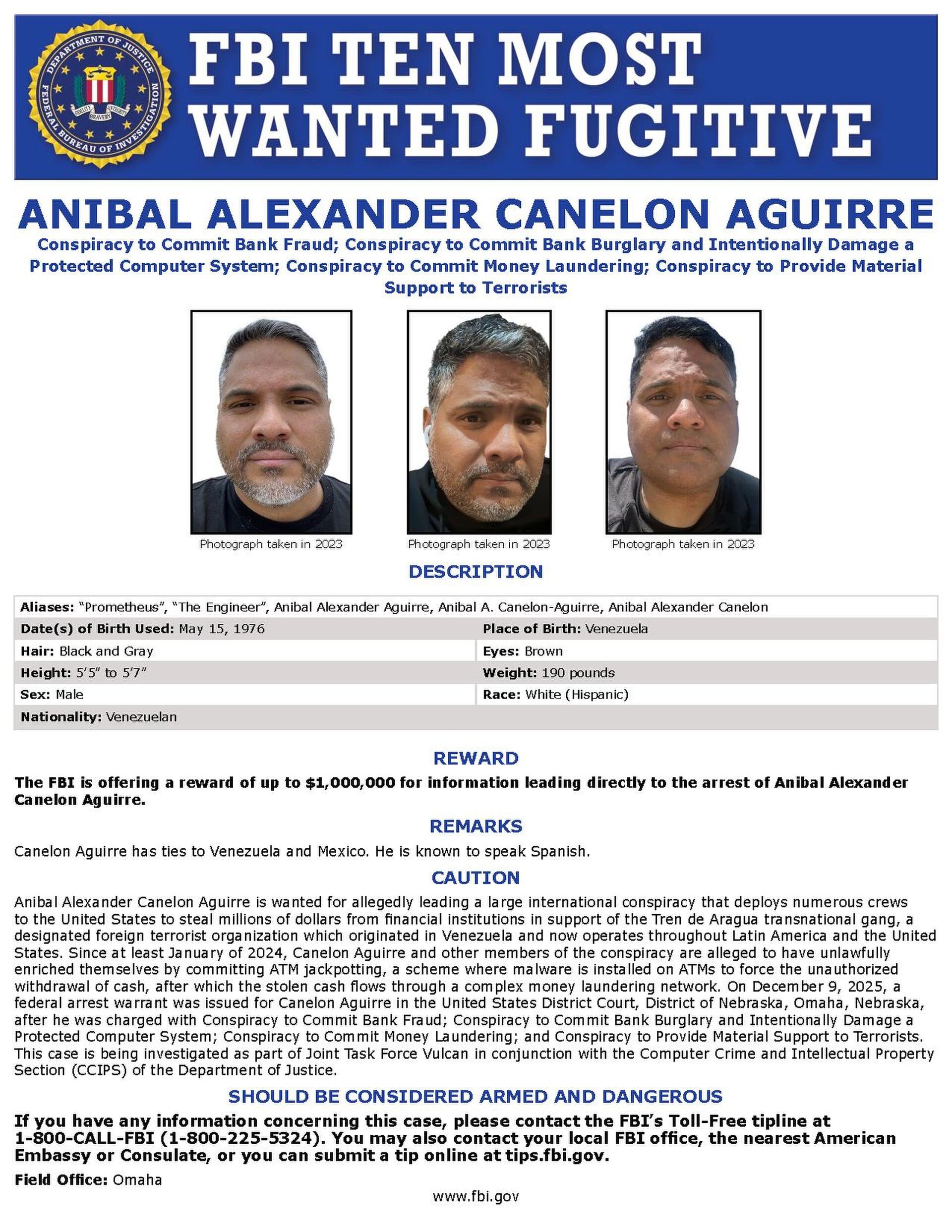 FBI Ten Most Wanted fugitive poster for Anibal Alexander Canelon Aguirre, the alleged engineer of the Tren de Aragua ATM jackpotting malware, showing three 2023 photographs of him