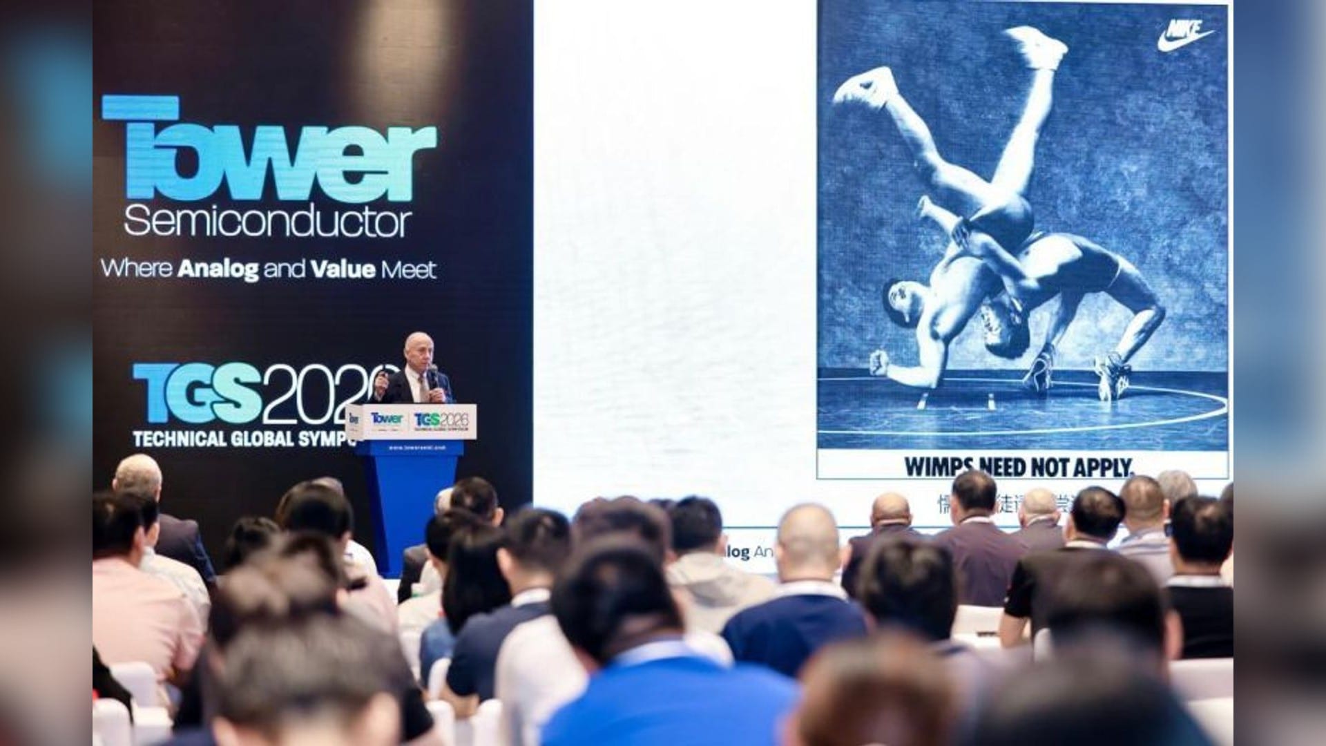 Tower Semiconductor chief executive Russell Ellwanger speaking on stage at TGS 2026, the company's Technical Global Symposium in Shenzhen, China