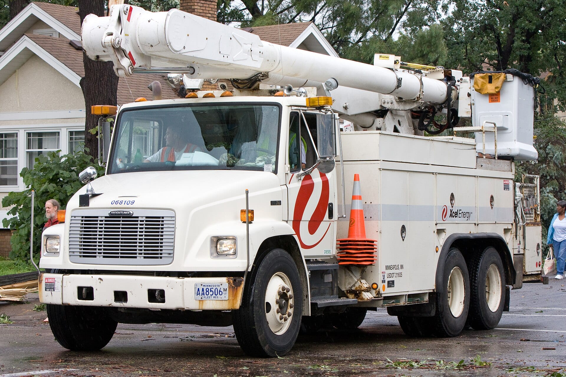 An Xcel Energy utility truck working after a storm in Minneapolis, Minnesota