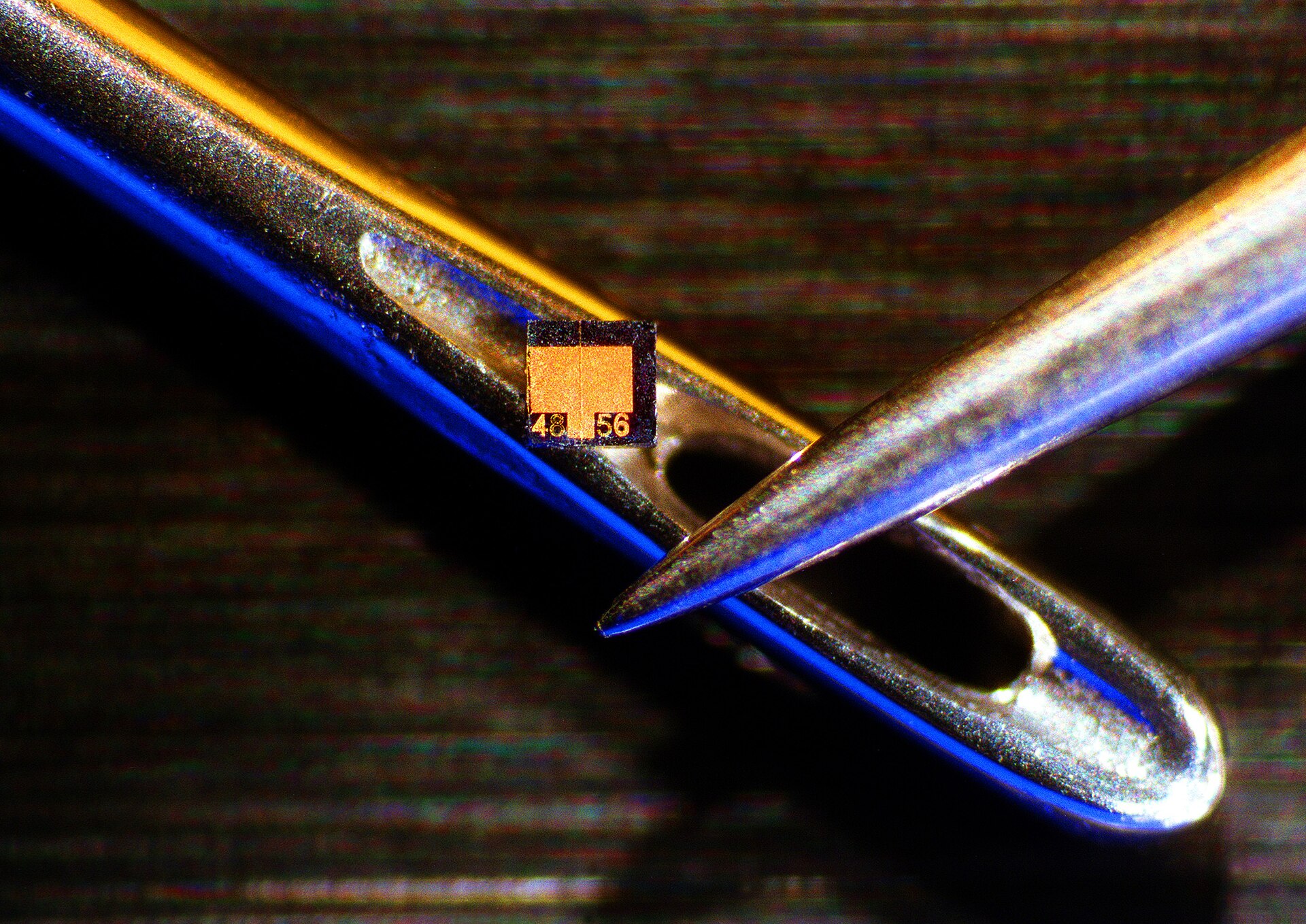 A laser diode chip small enough to pass through the eye of a sewing needle