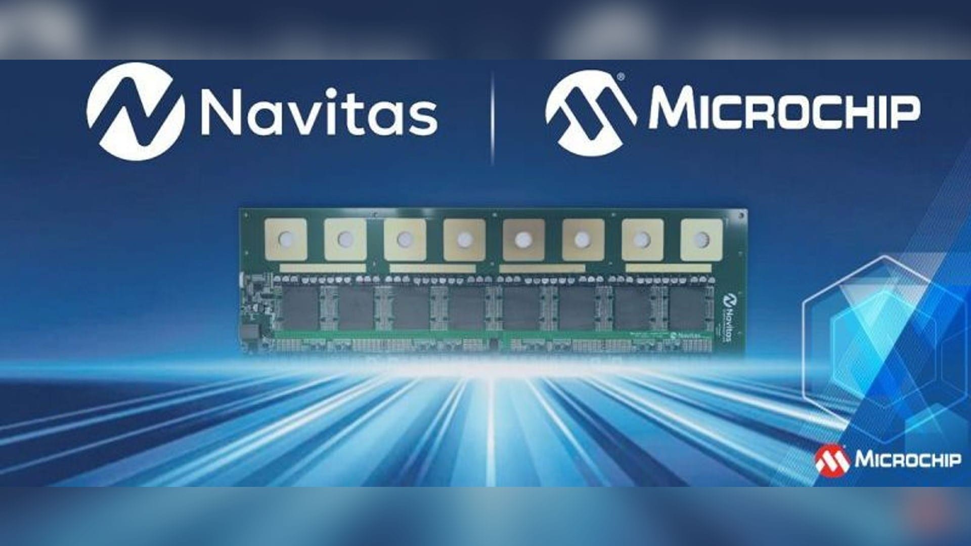 Microchip and Navitas logos above the 800V DC-to-6V AI rack-power reference board from their October 2026 announcement