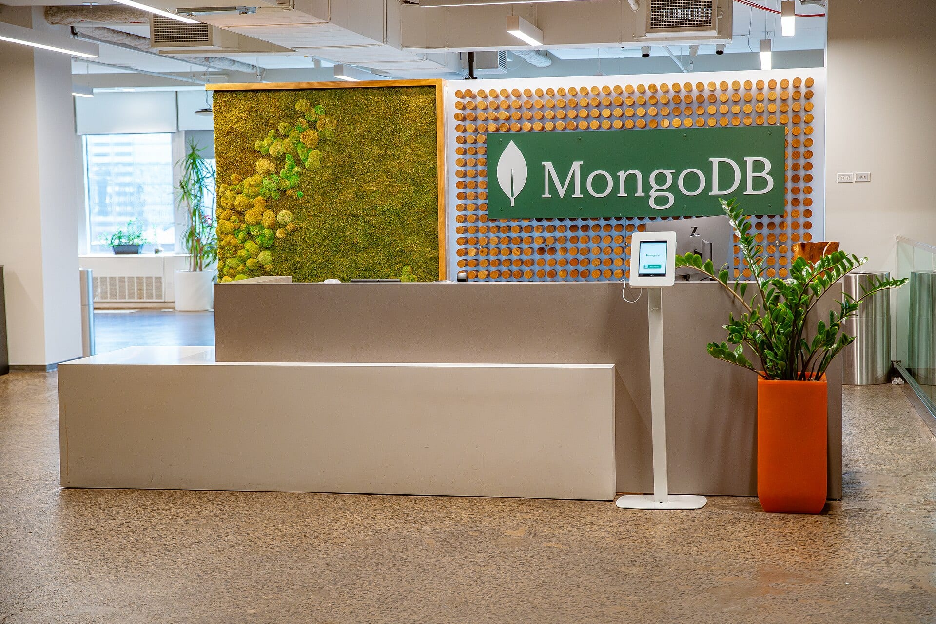 MongoDB sign above the reception desk at the company's New York headquarters