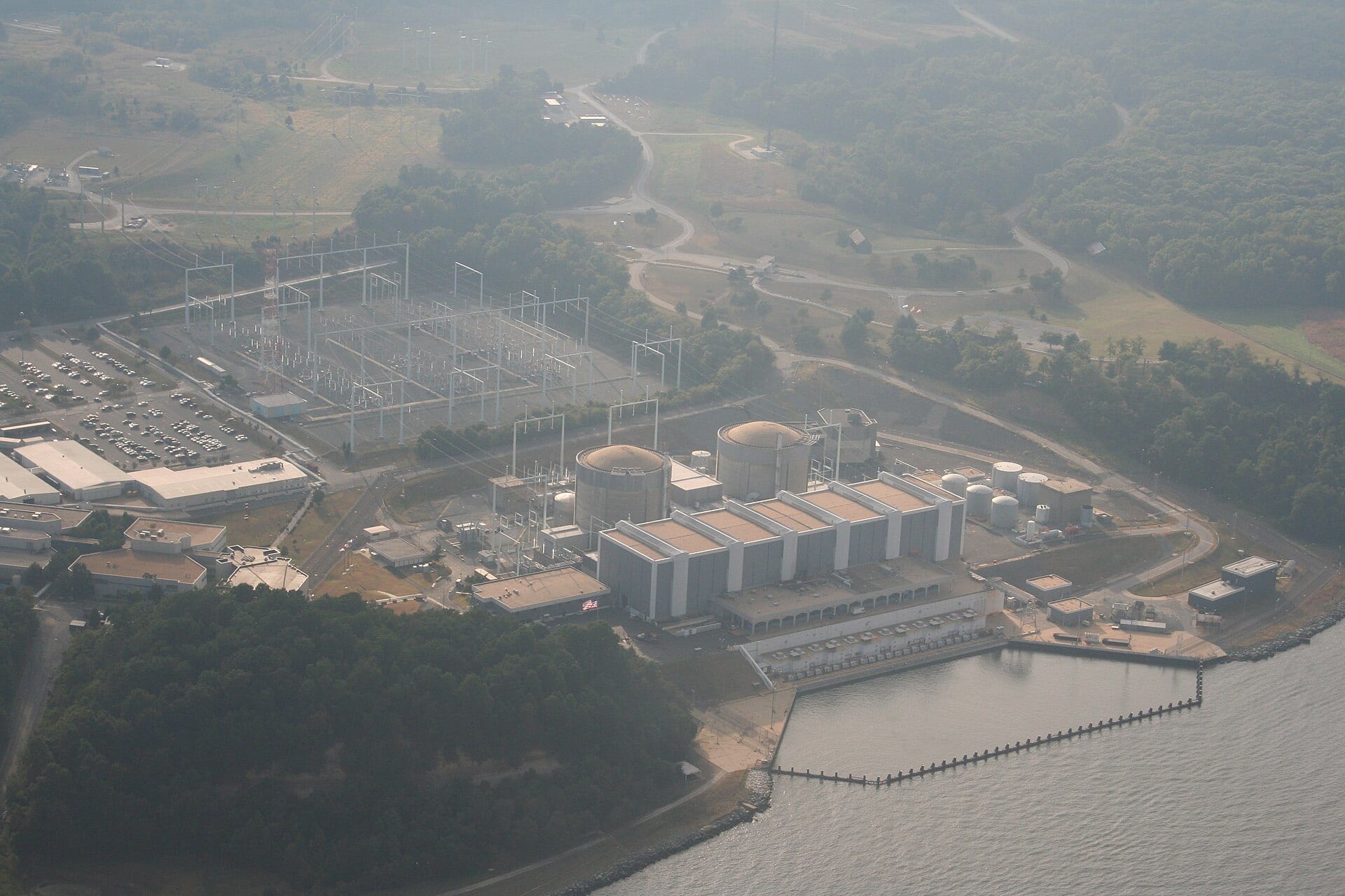 Aerial view of the Calvert Cliffs Nuclear Power Plant on the Chesapeake Bay in Maryland