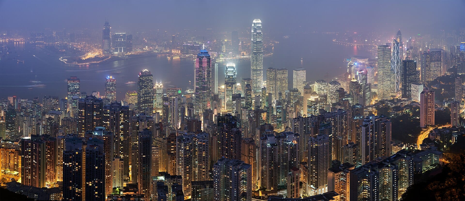 Central, Hong Kong's financial district at dusk from Victoria Peak, with Two International Finance Centre at centre