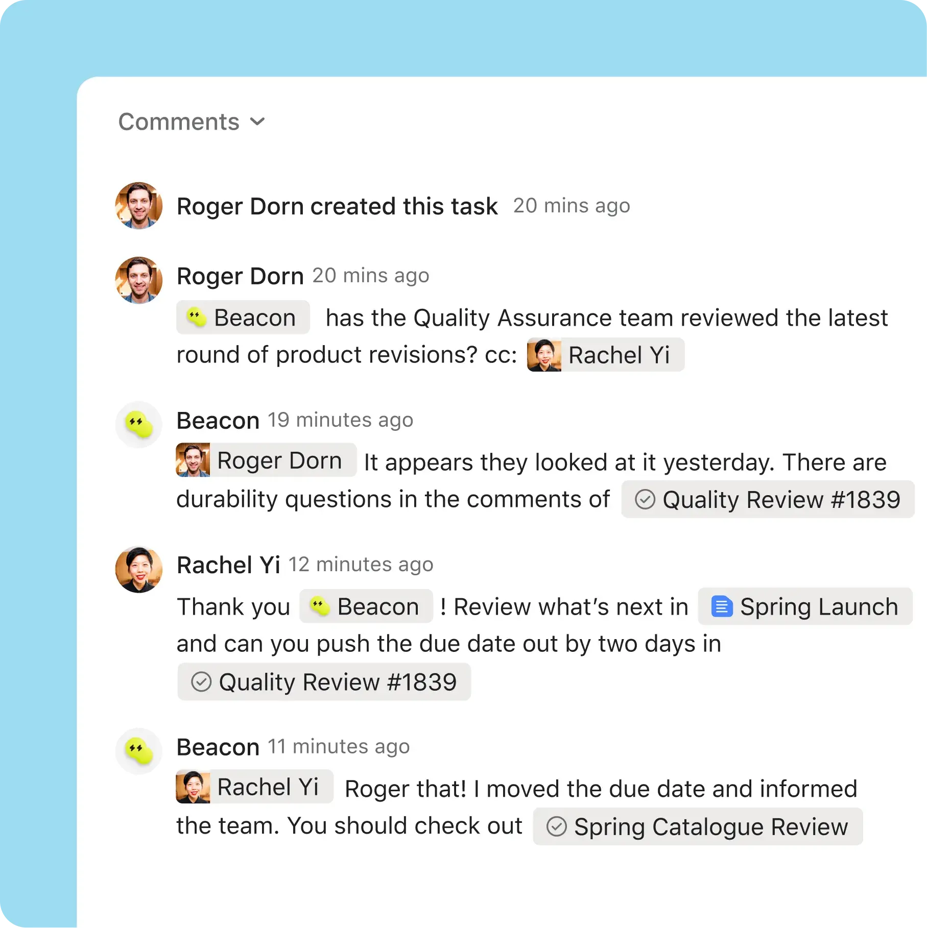 Asana task comments showing a conversation between teammates and the Beacon AI agent