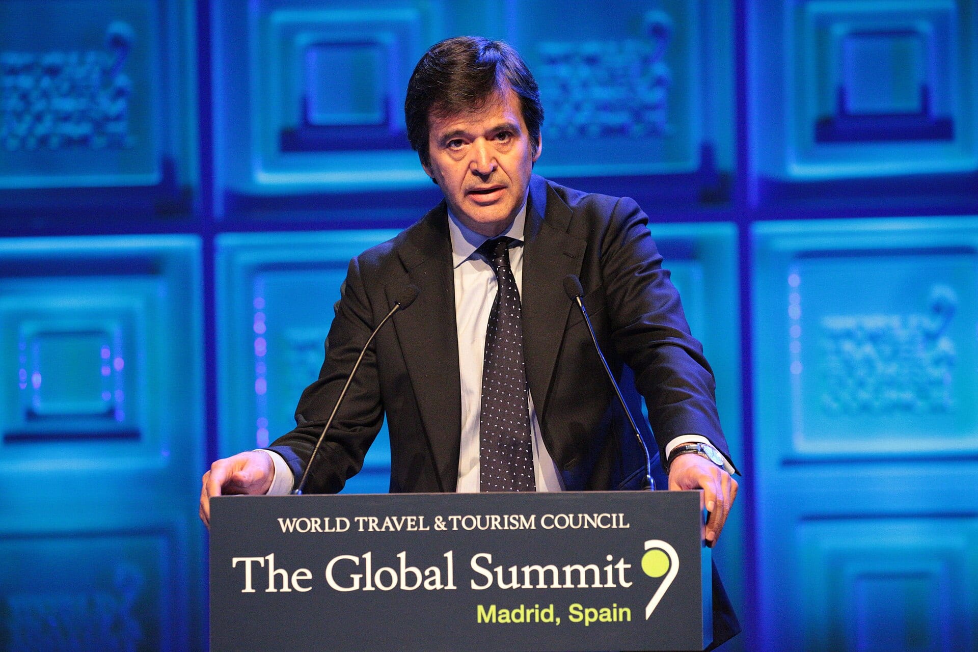 Luis Maroto, president and chief executive of Amadeus IT Group, speaking at a World Travel & Tourism Council summit podium in Madrid.