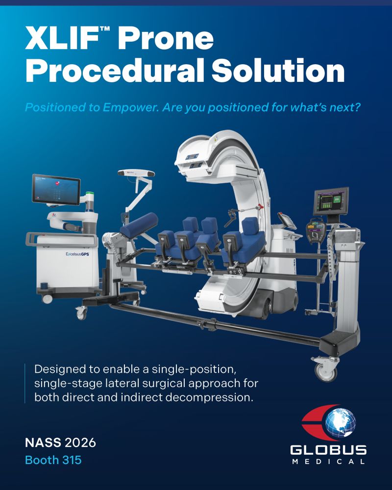 Globus Medical's NASS 2026 booth graphic for the XLIF Prone Procedural Solution, the prone positioner framed by the ExcelsiusGPS robot and imaging