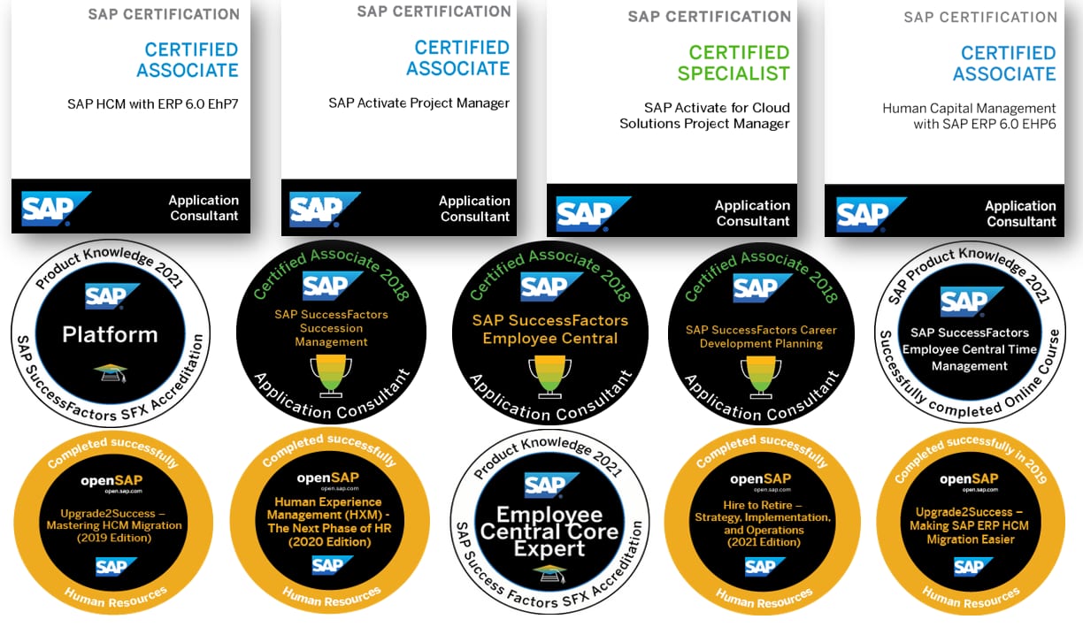 A collection of SAP certification badges and certificates for application consultants